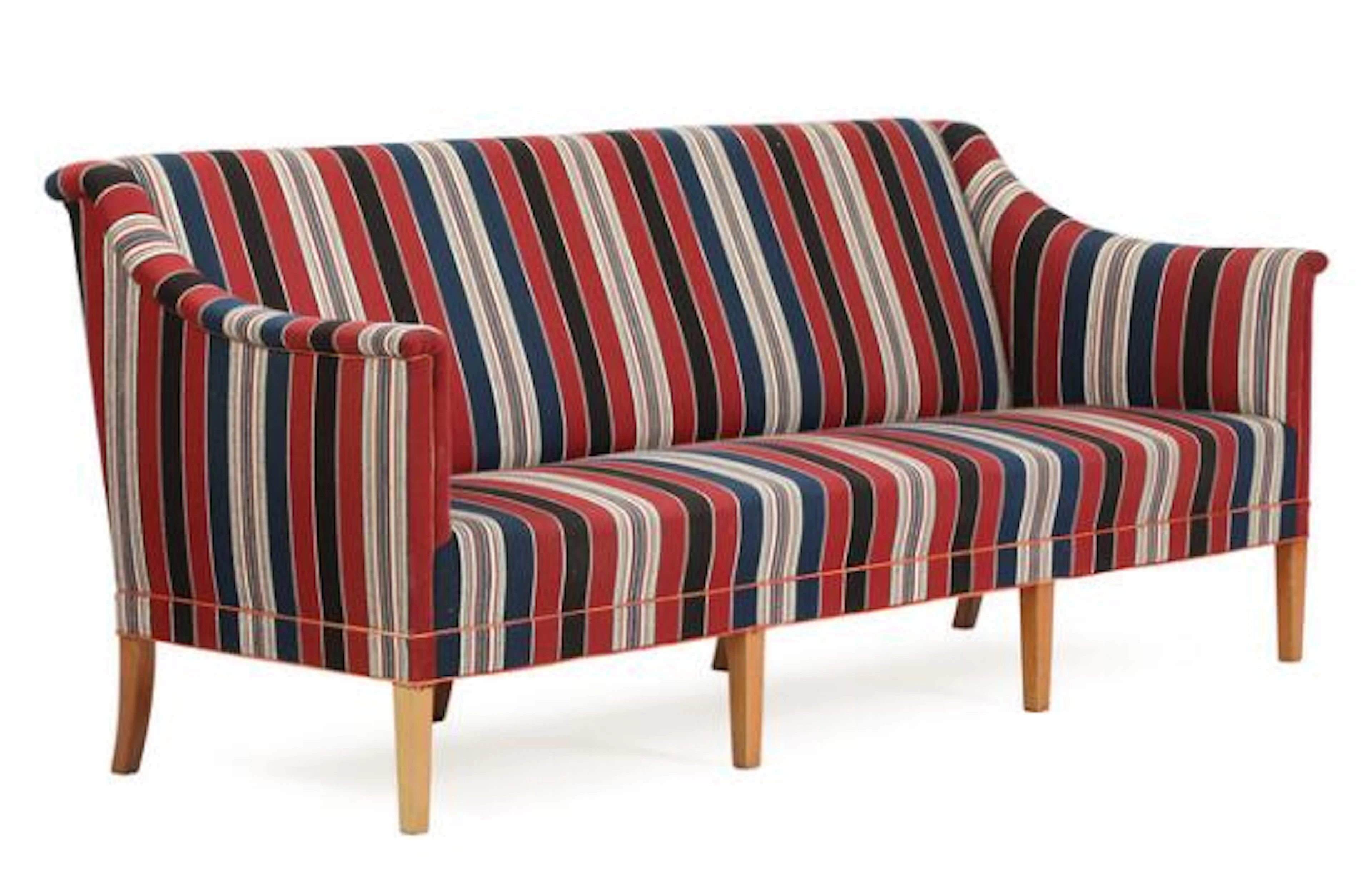 Kaare Klint: Three seater sofa with mahogany legs, seat, sides and