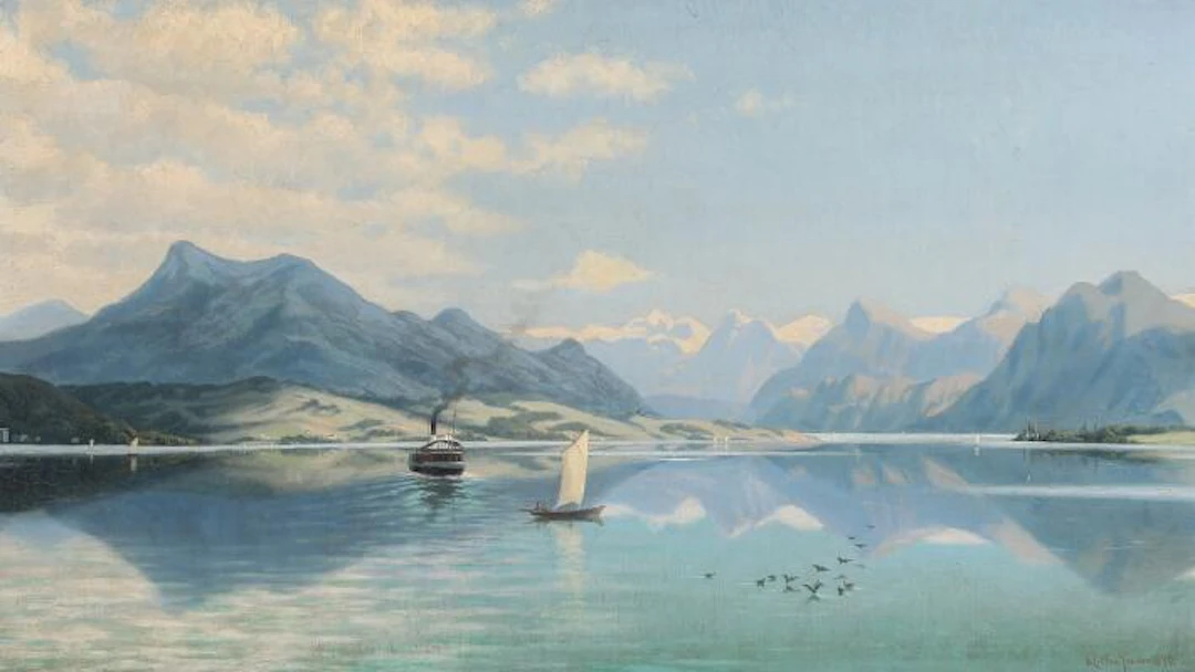 C. Milton Jensen: Mountain landscape by a lake, presumably Northern