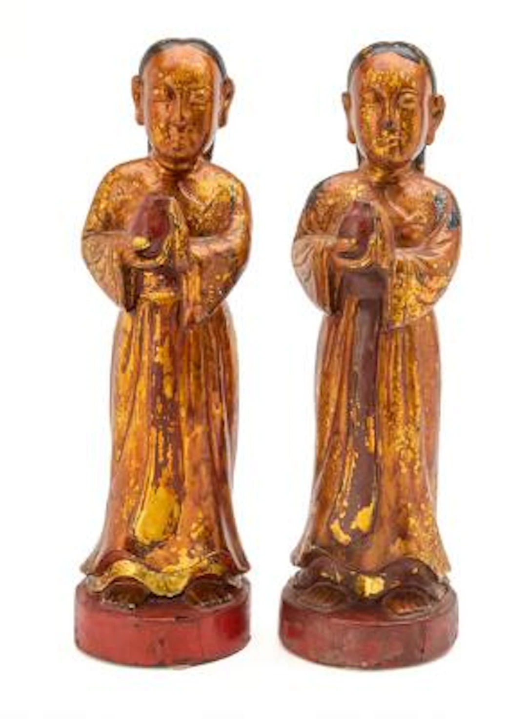 Pair of Chinese figures of gilt lacquered and painted wood, late Qing/early