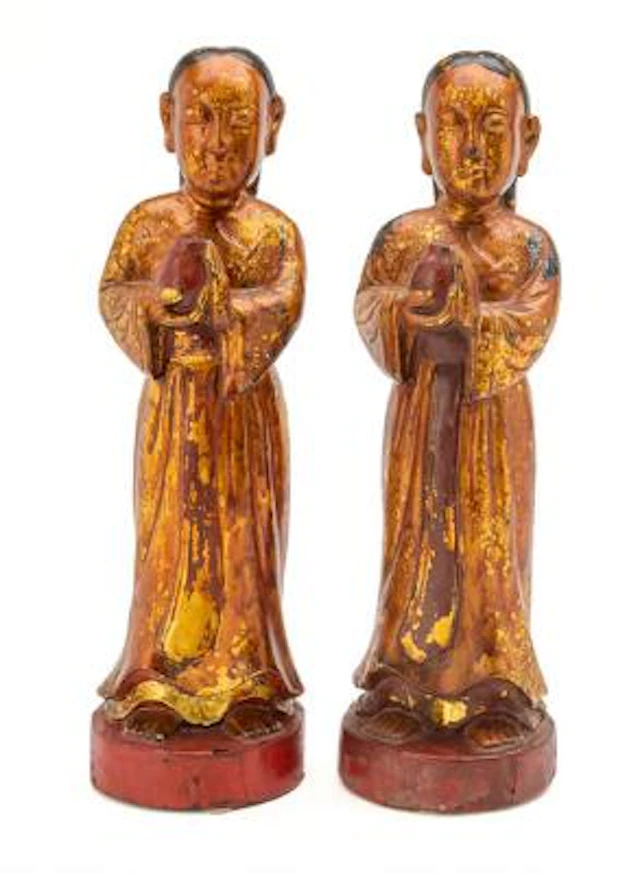 Pair of Chinese figures of gilt lacquered and painted wood, late Qing/early