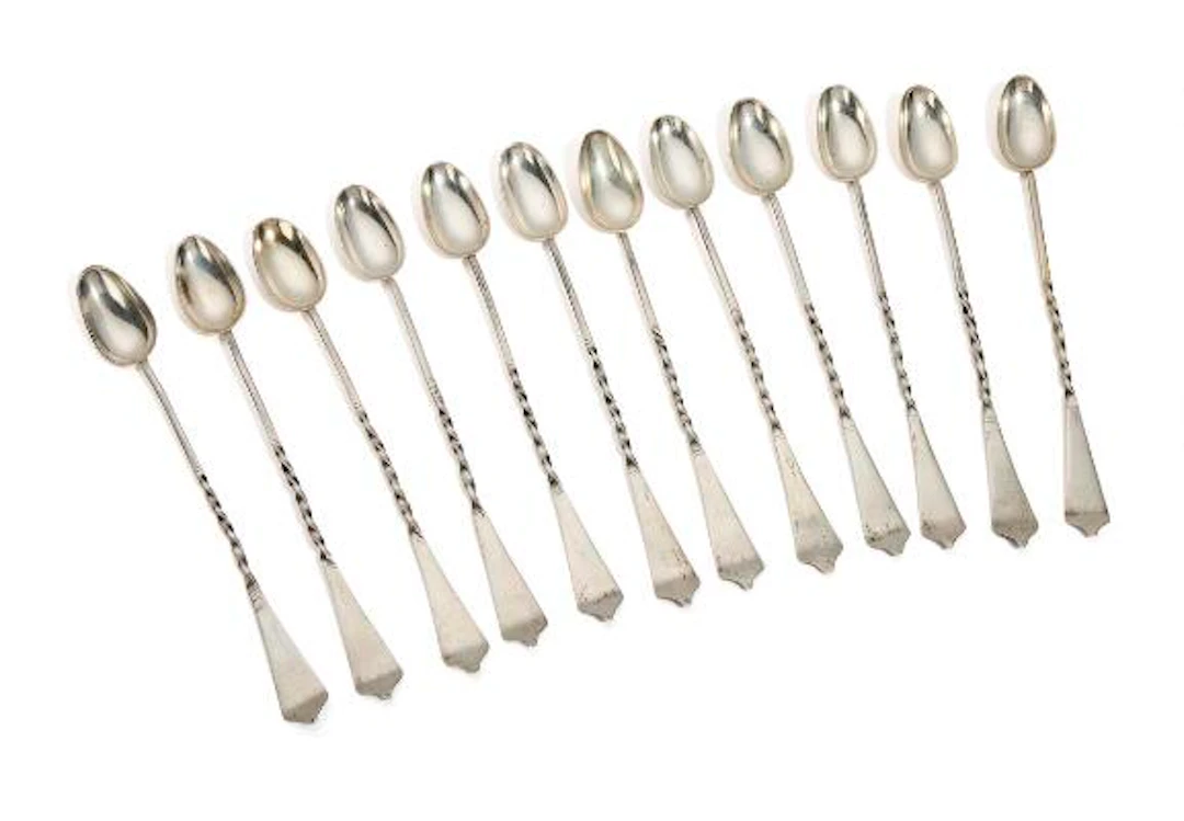 A set of Danish twelve Baroque silver toddy spoon. Maker Jens Nielsen