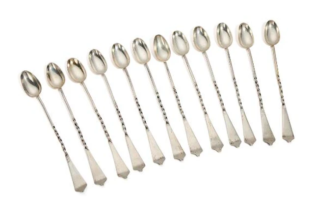 A set of Danish twelve Baroque silver toddy spoon. Maker Jens Nielsen