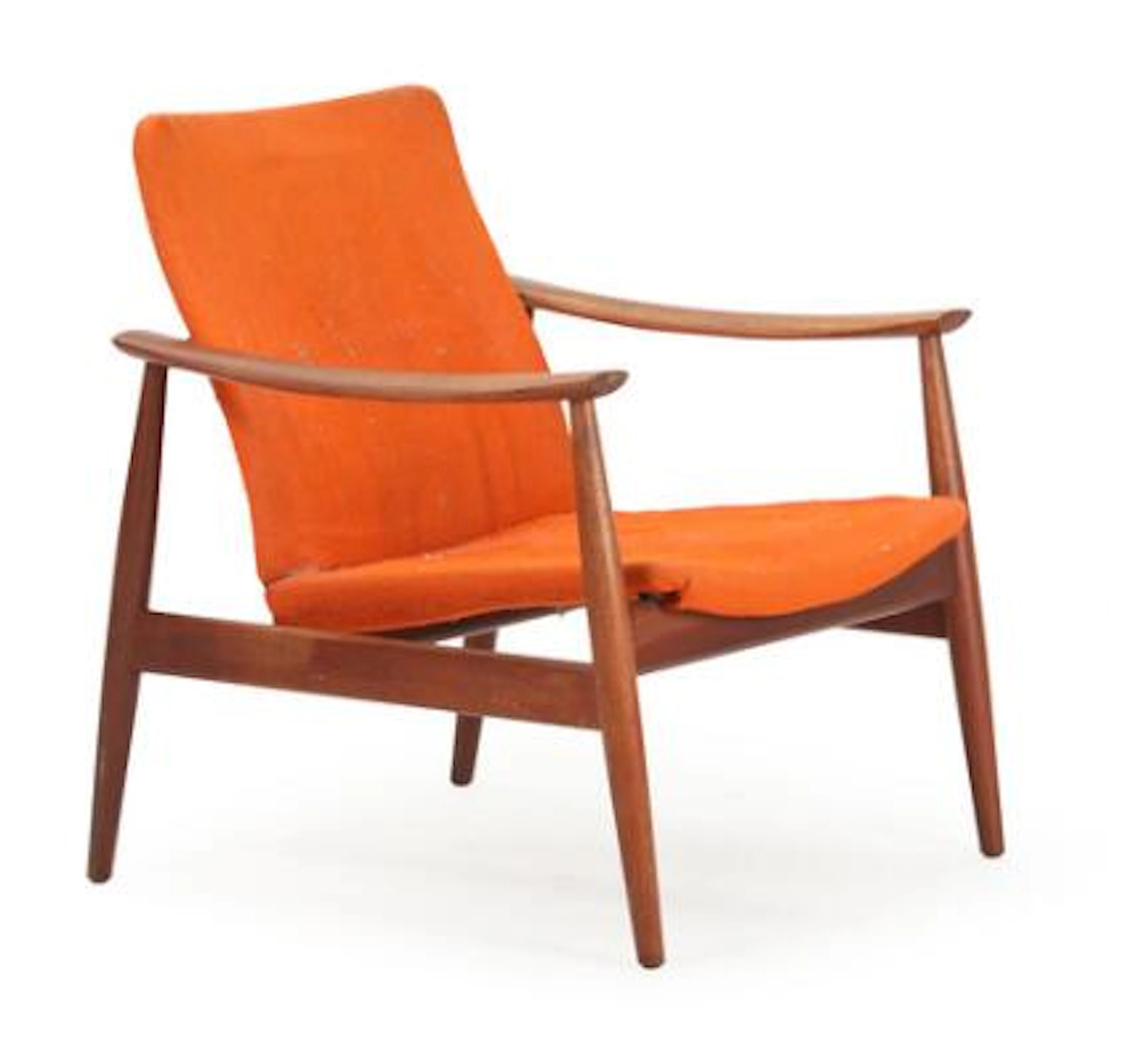 Finn Juhl: A teak easy chair, upholstered with orange wool. Model
