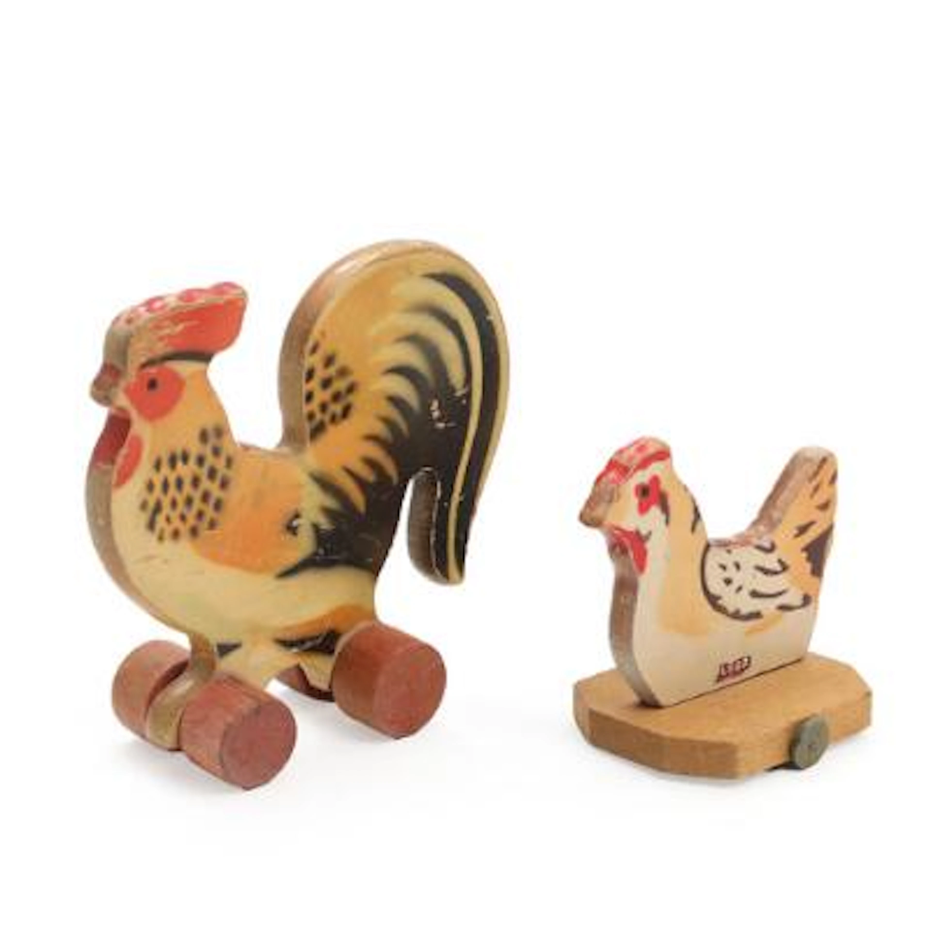 Two painted wooden pull toys in the shape of resp. a hen and a rooster.