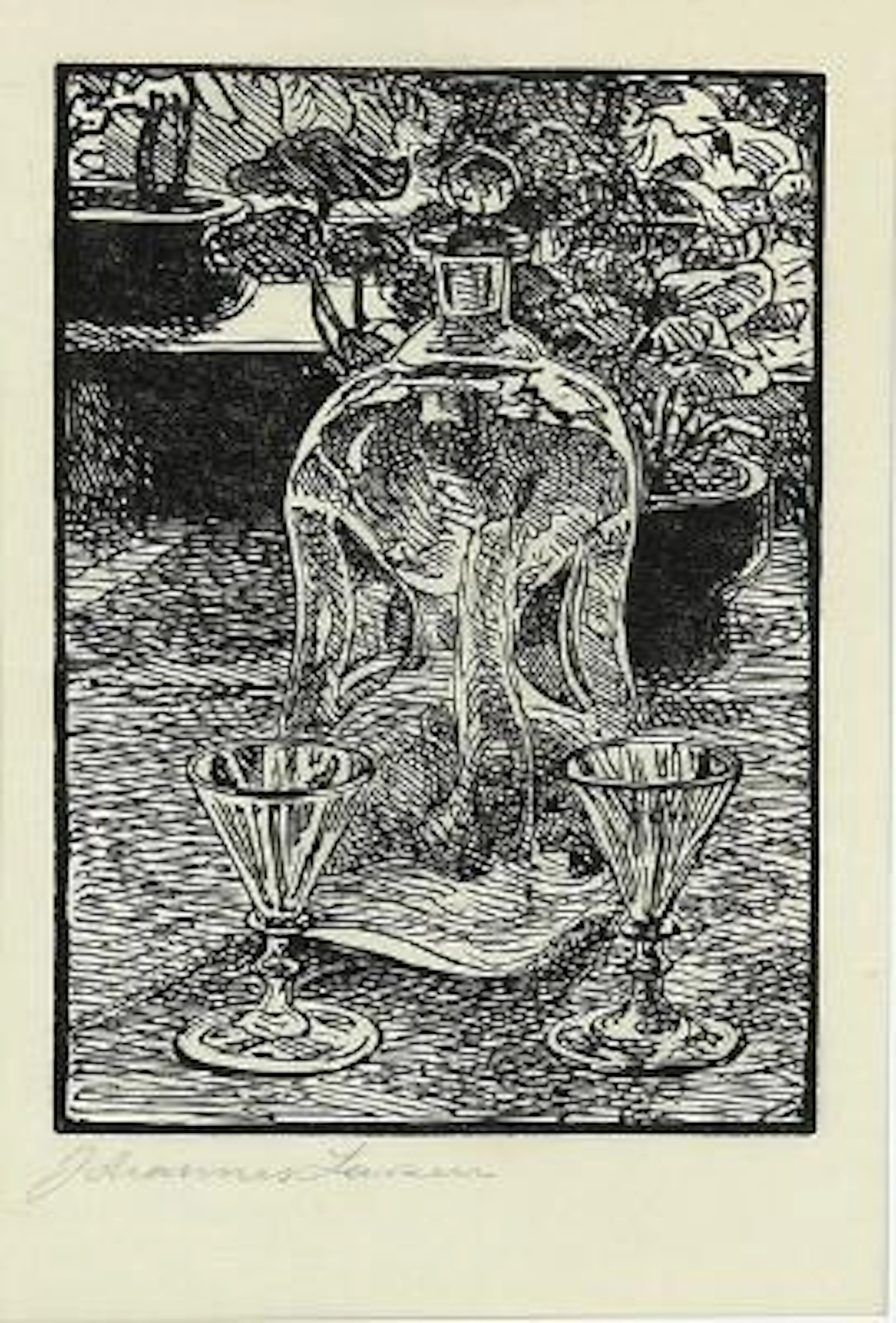 Johannes Larsen: Still life with a carafe and two glasses. Signed