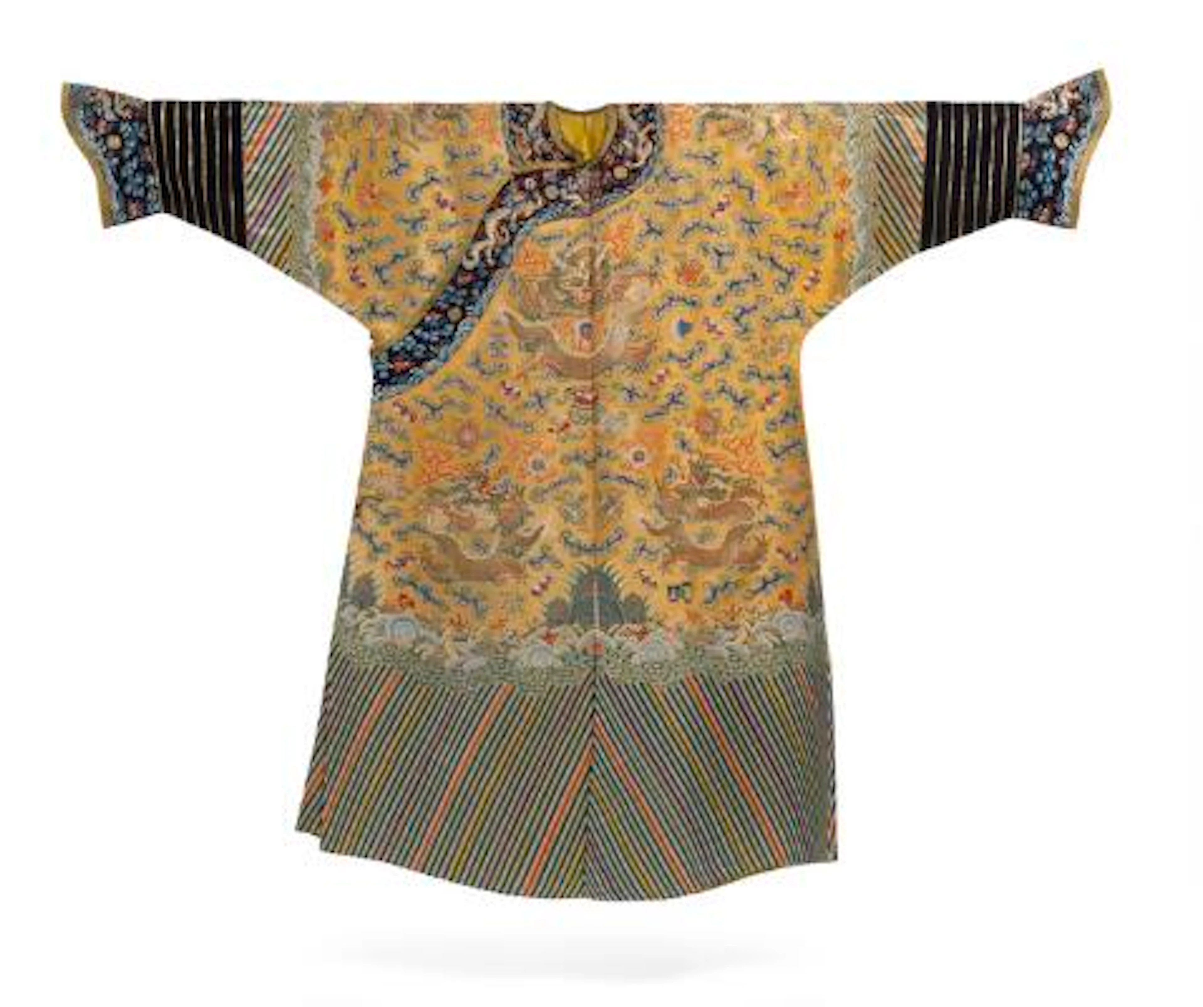 A Chinese Imperial yellow-ground gauze embroidered dragon robe (jifu).