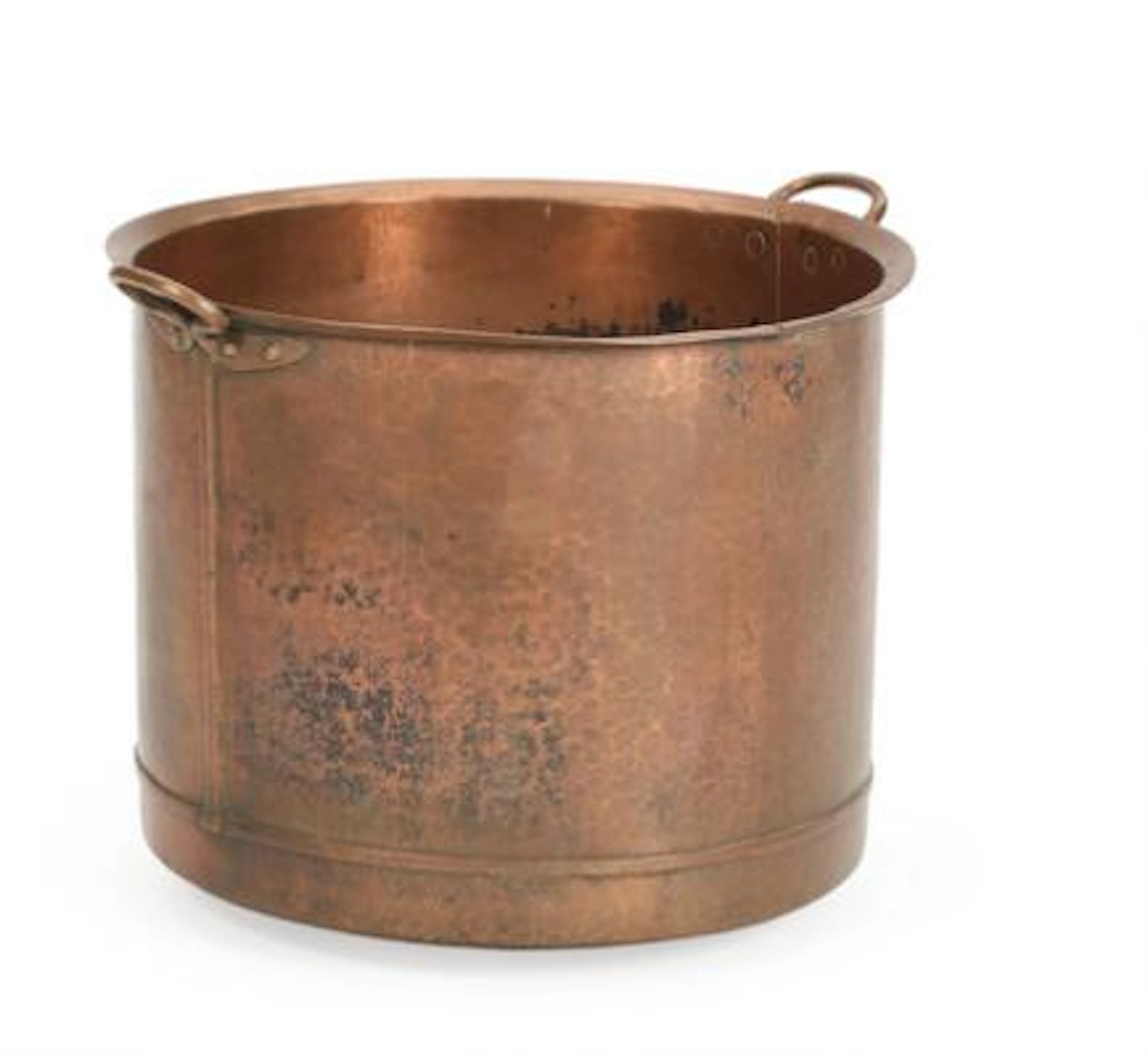 A 19th century patinated copper kettle with carrying handles on the