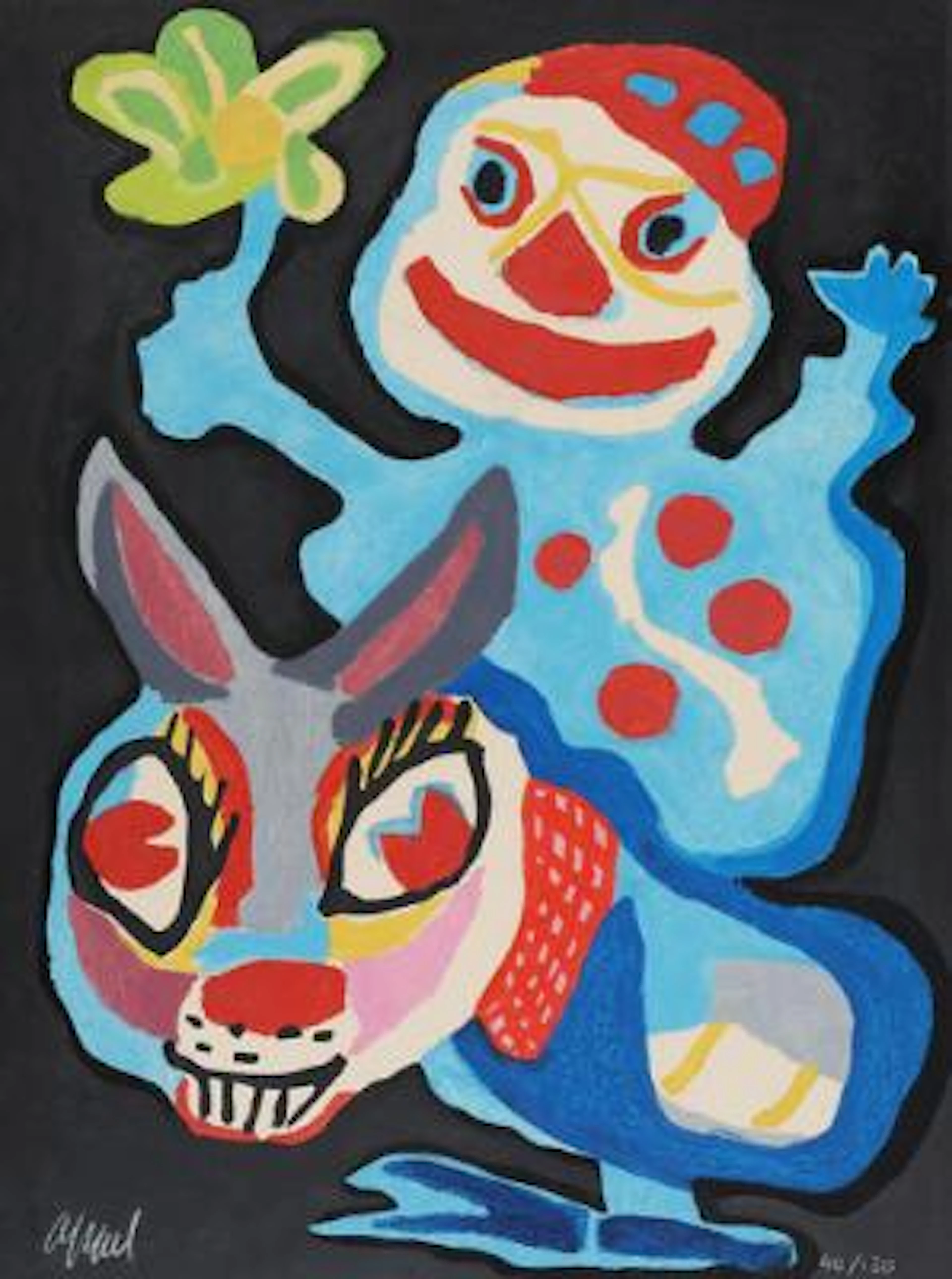 Karel Appel: Clown on a donkey. Signed Appel, 40/130. Caborandum print.