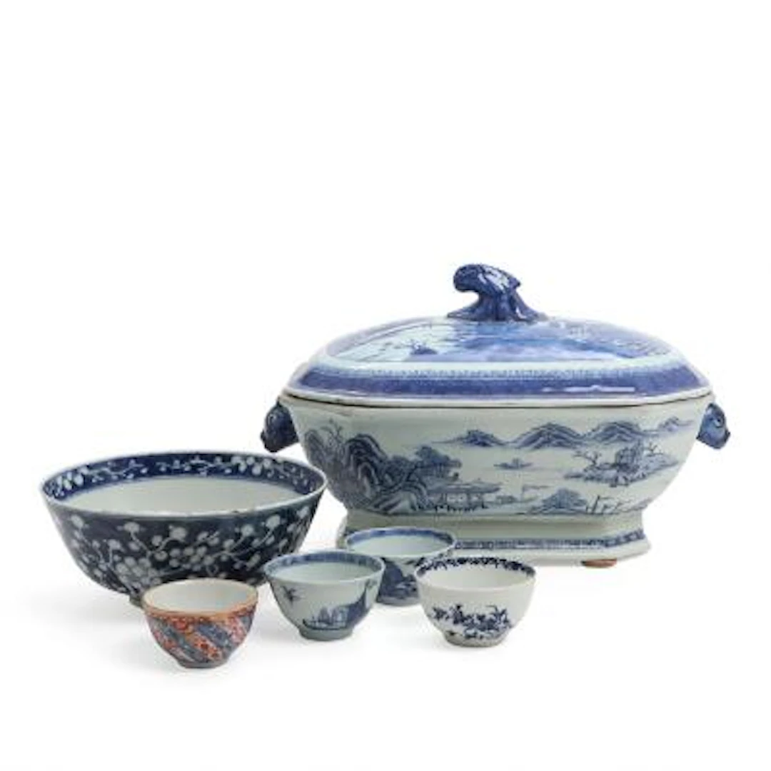 Chinese tureen, bowl and two cups, and two European cups of porcelain.