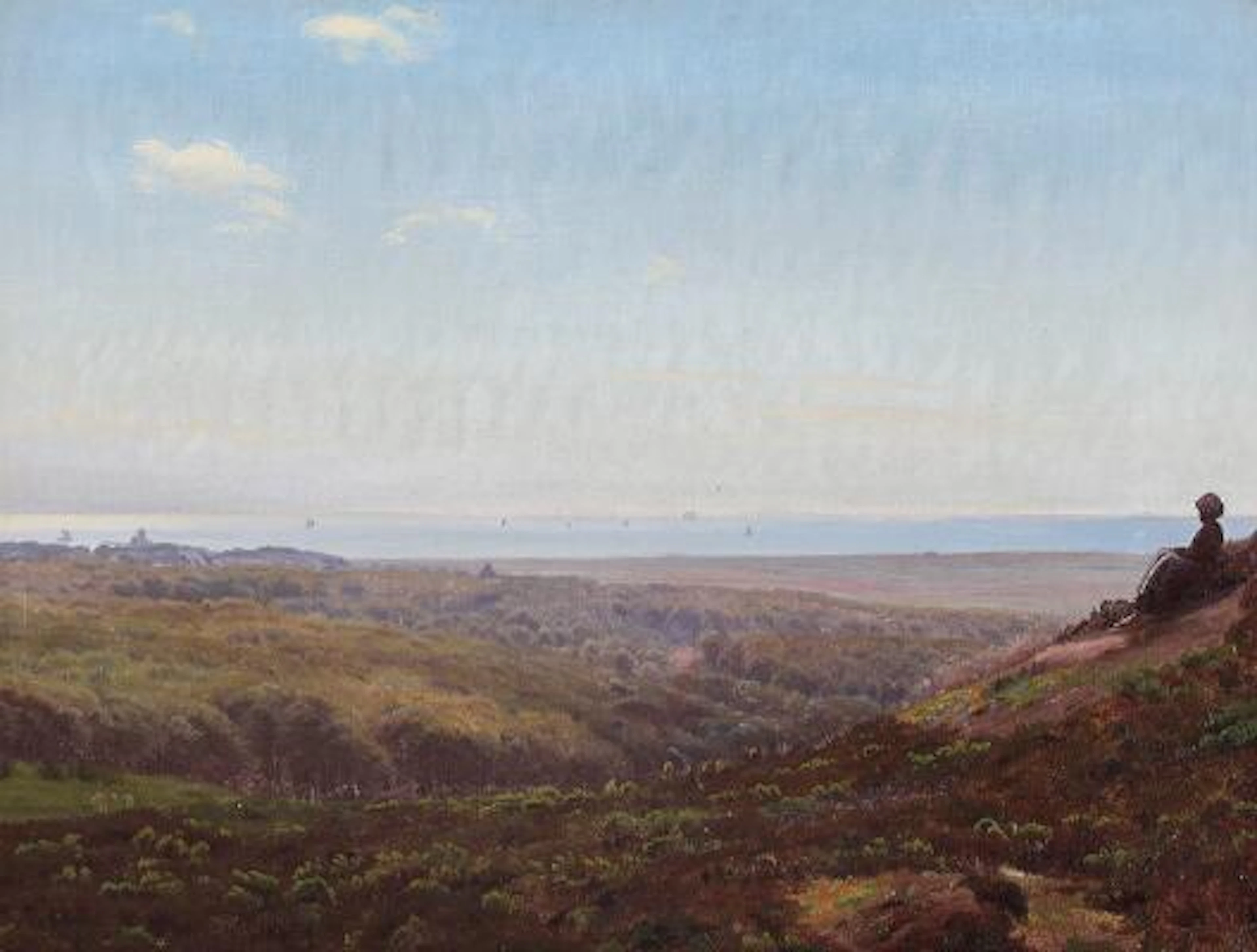 Harald Foss: Scenery from a hilltop with seated girl. Signed HF. Oil
