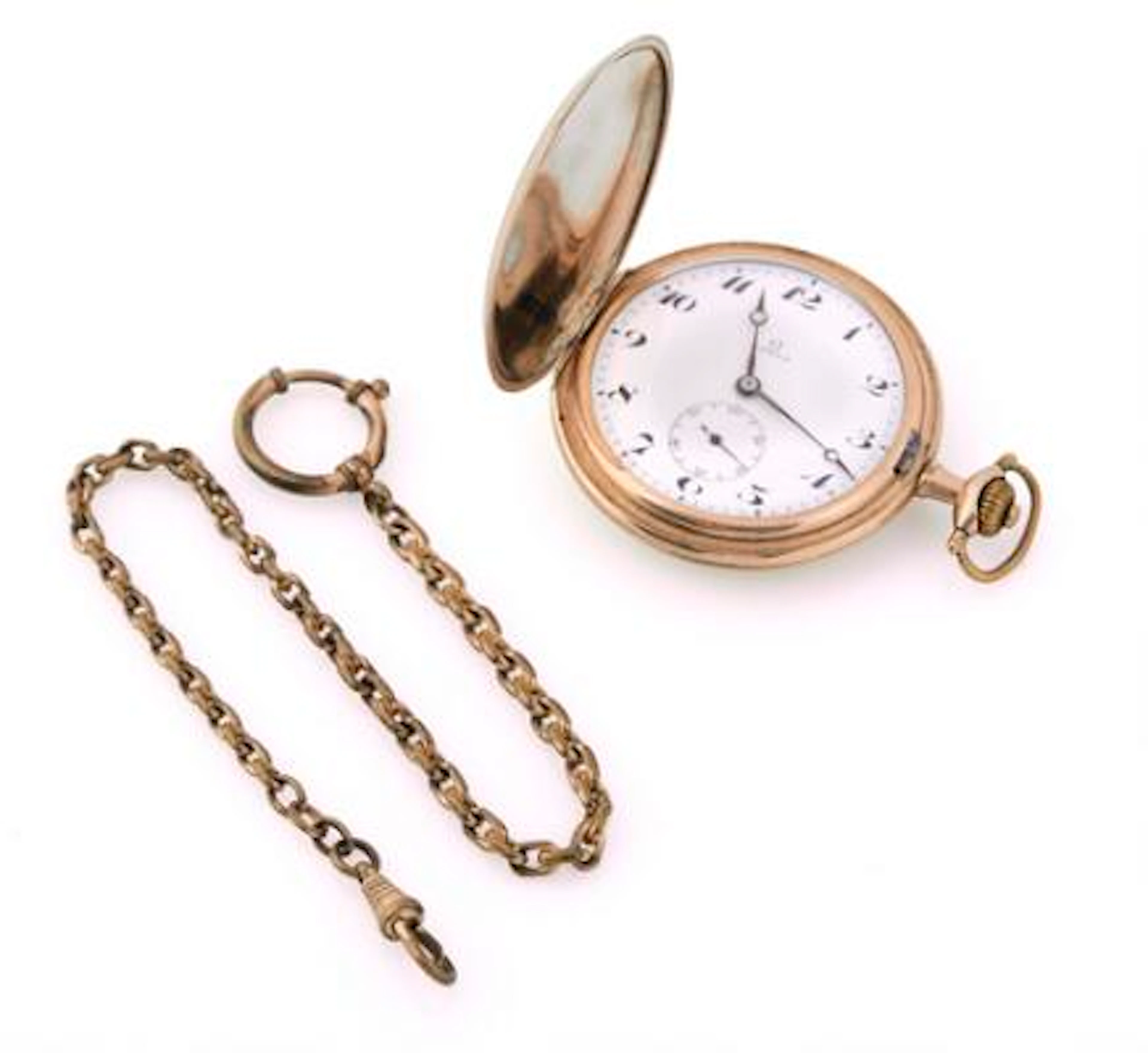 Omega: Double hunter-case pocket watch in gilt metal. Mechanical movement