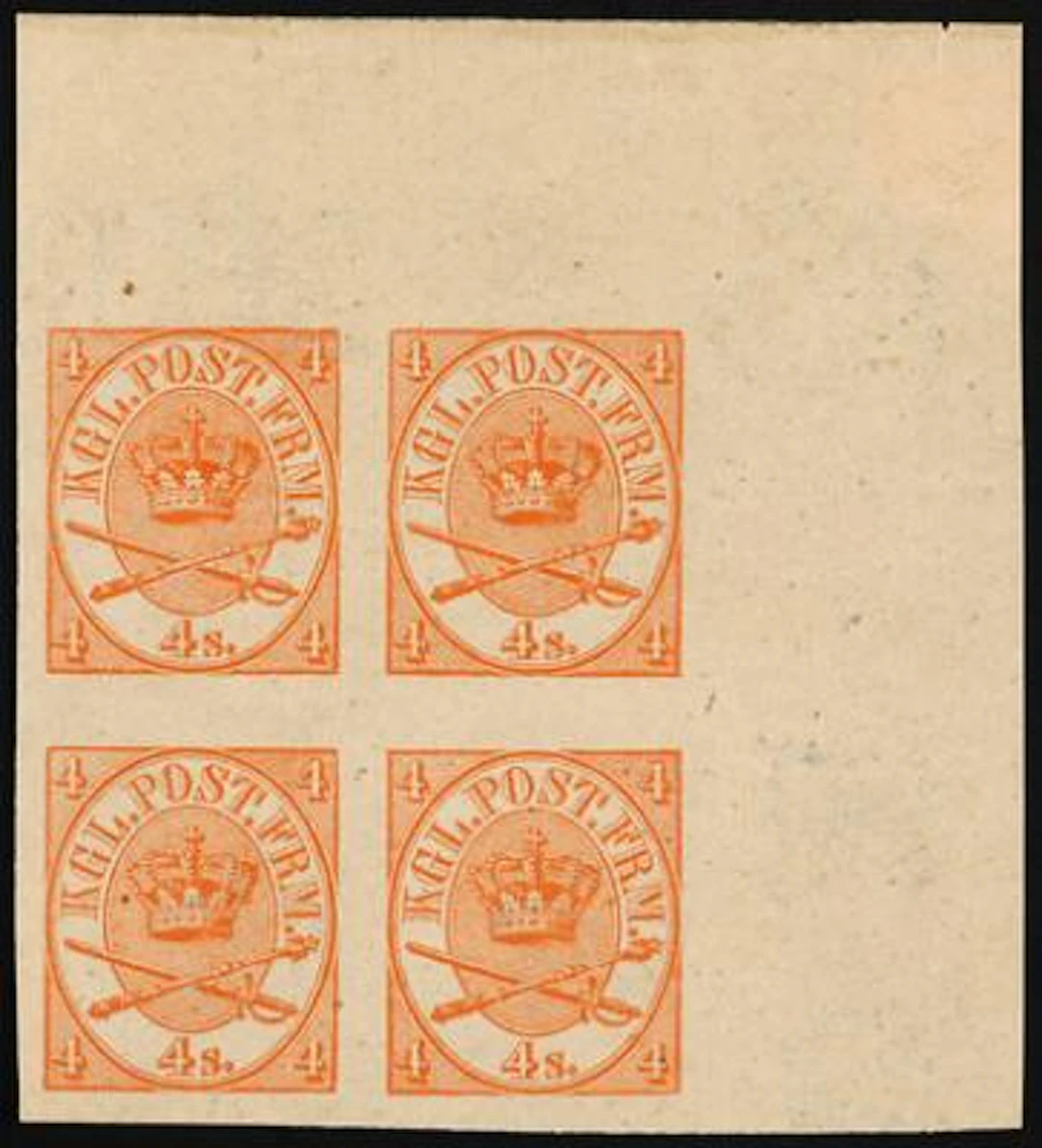 1864. 4 Skilling, red. IMPERFORATED block of 4 with upper right corner