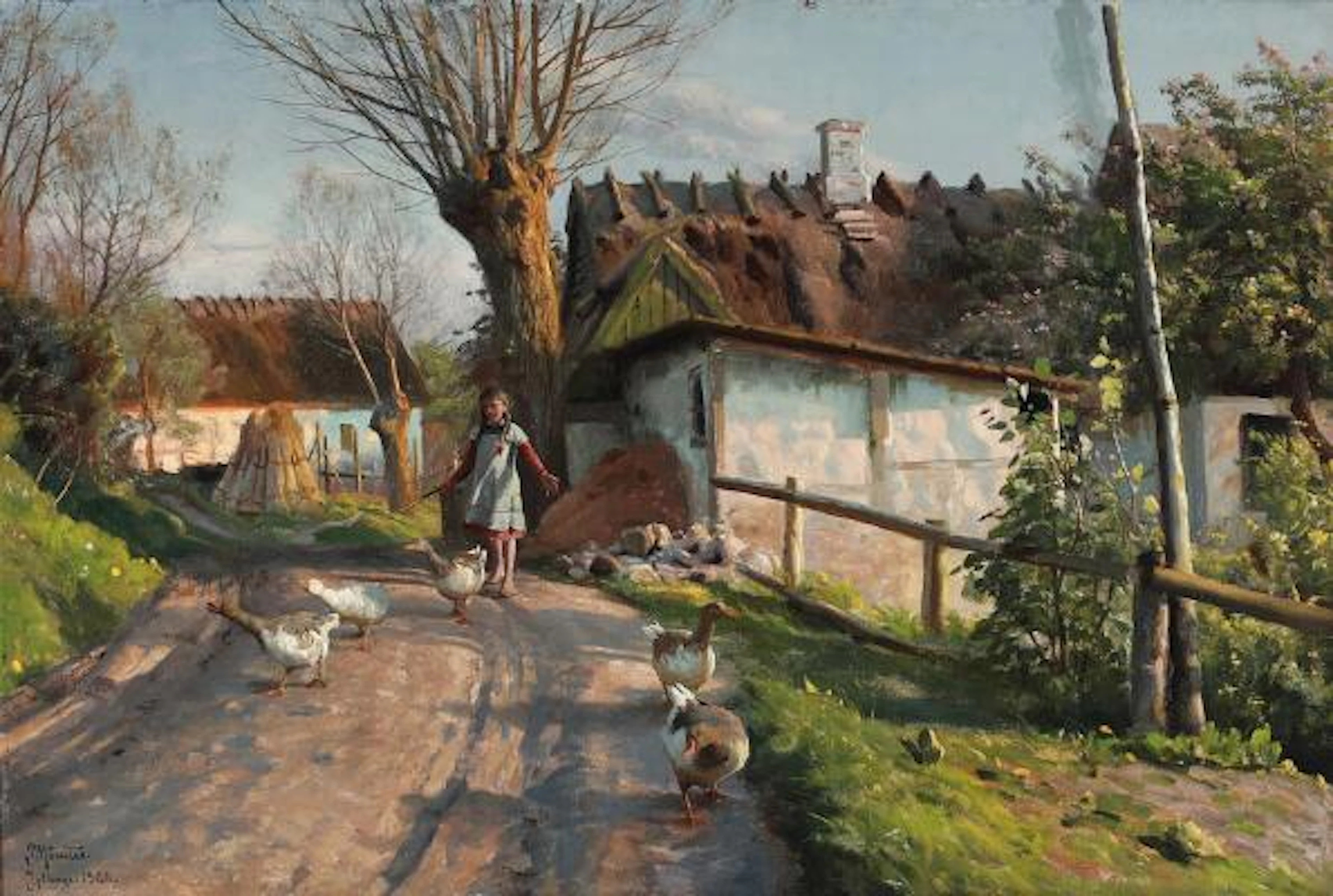 Peder Mønsted: A girl gathering the geese. Signed and dated Peder
