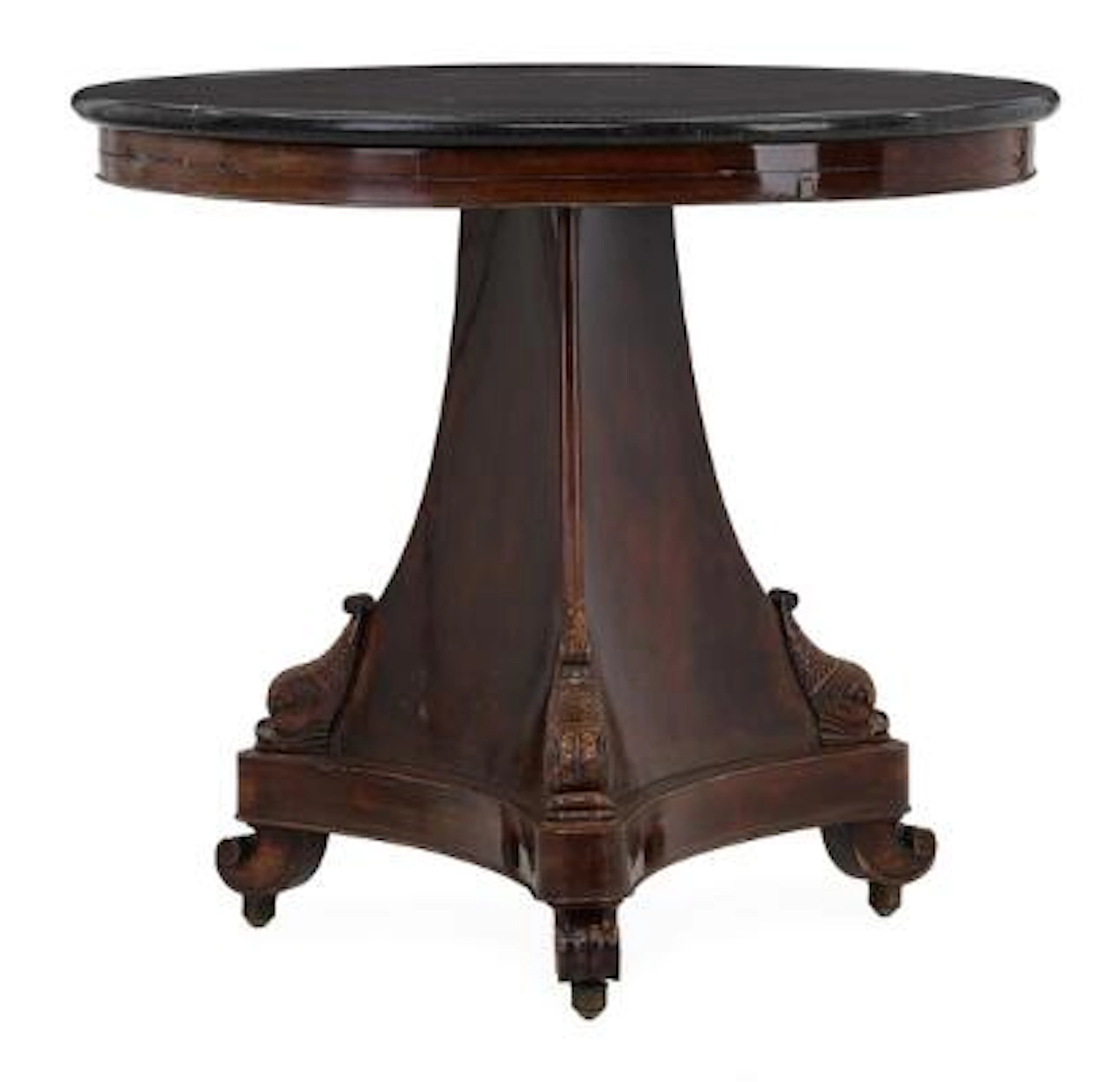 Charles X mahogany center table with Belgian granite top; profiled