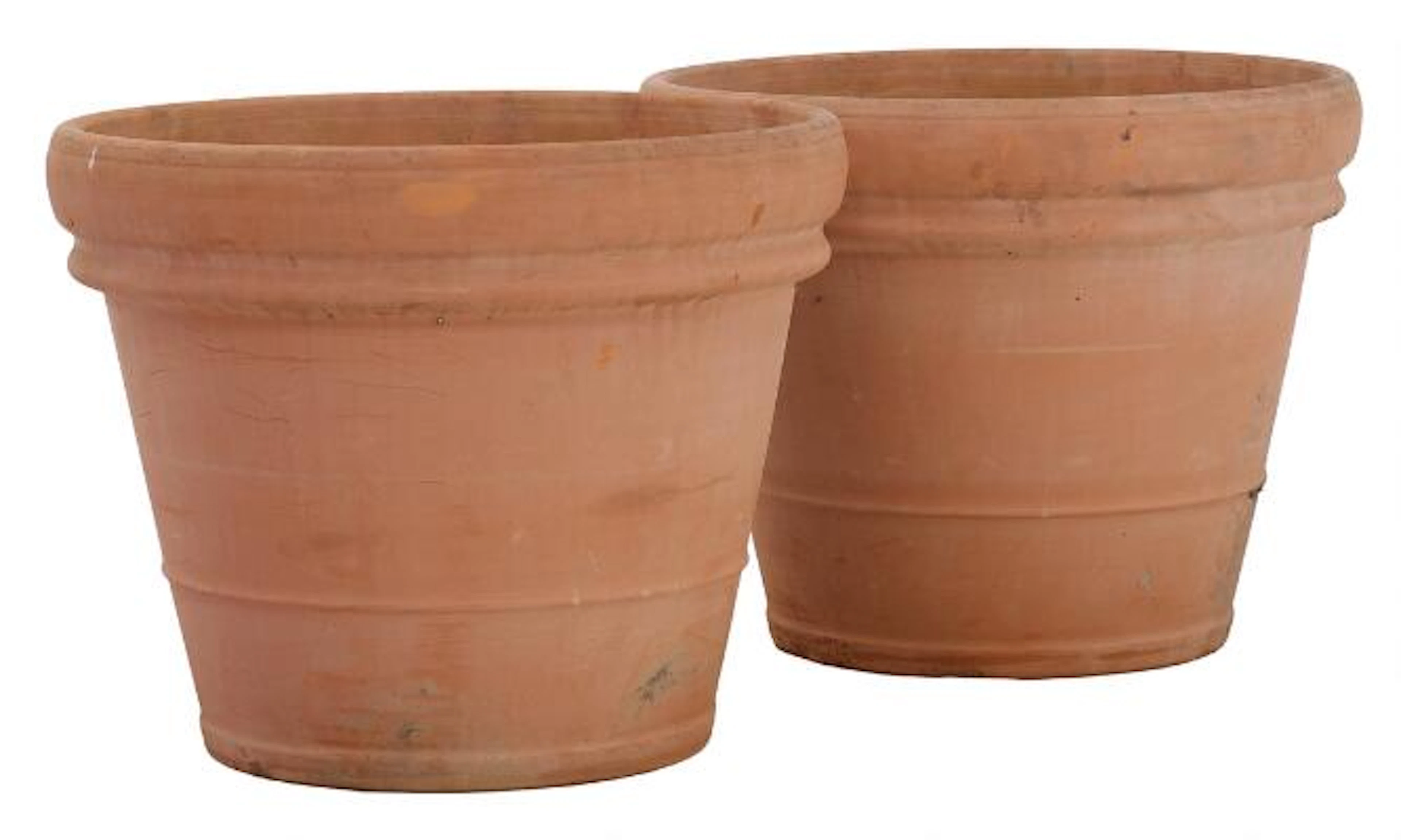 A pair of Italian double-edged terracotta vases. Stamped in the cast