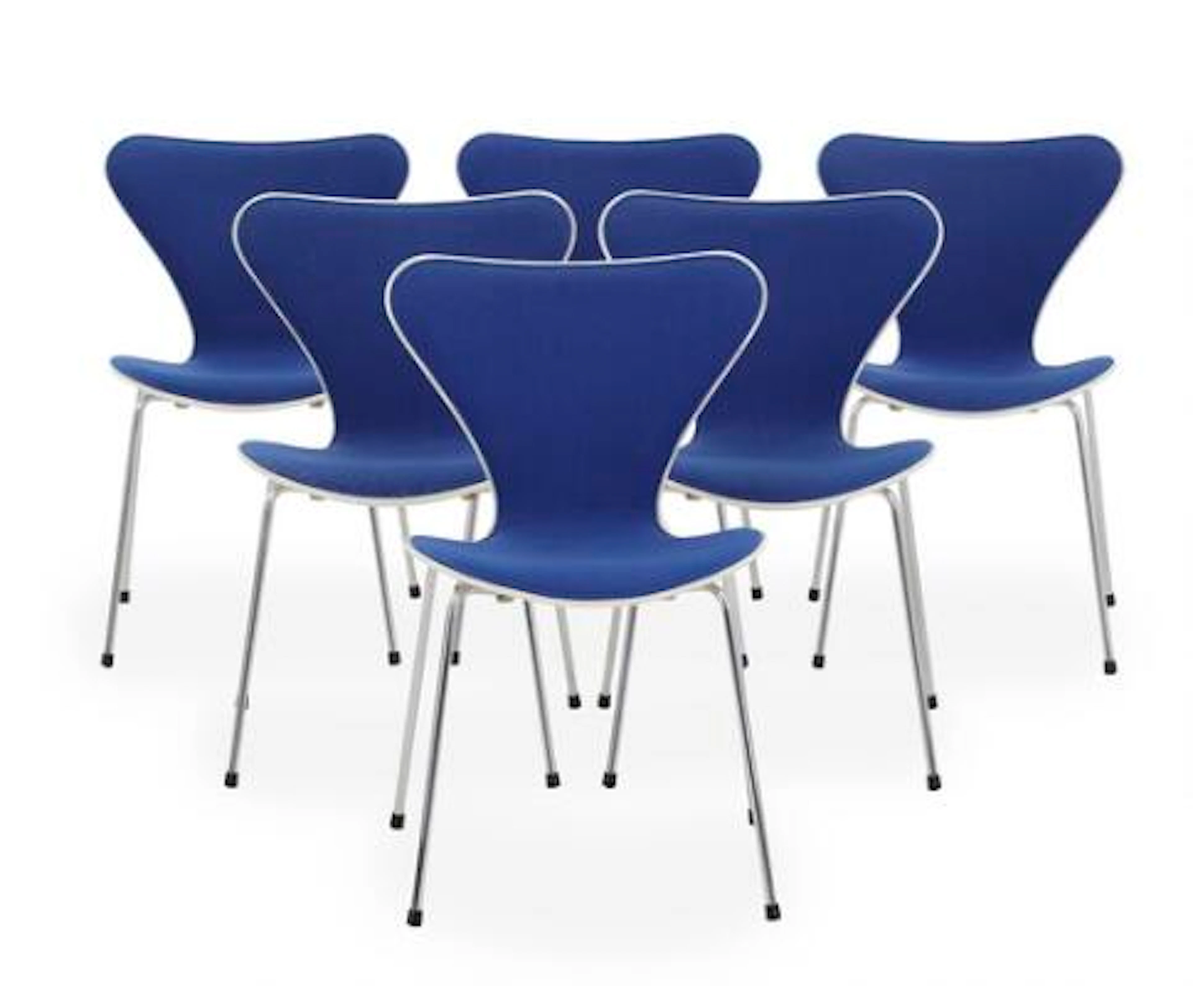 Arne Jacobsen: "The Seven". Set of six chairs with steel frame. IInside