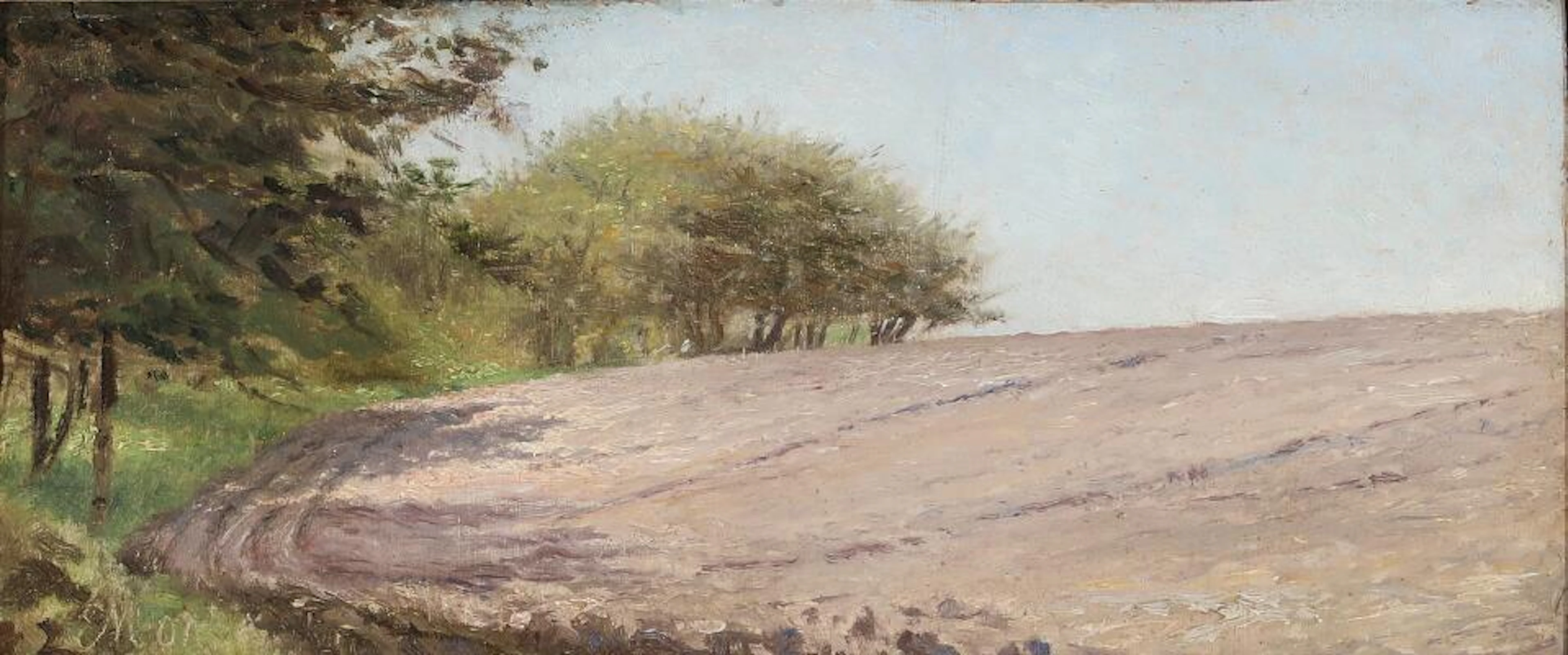 Emilie Mundt: Trees shading the edge of a field. Signed with monogram