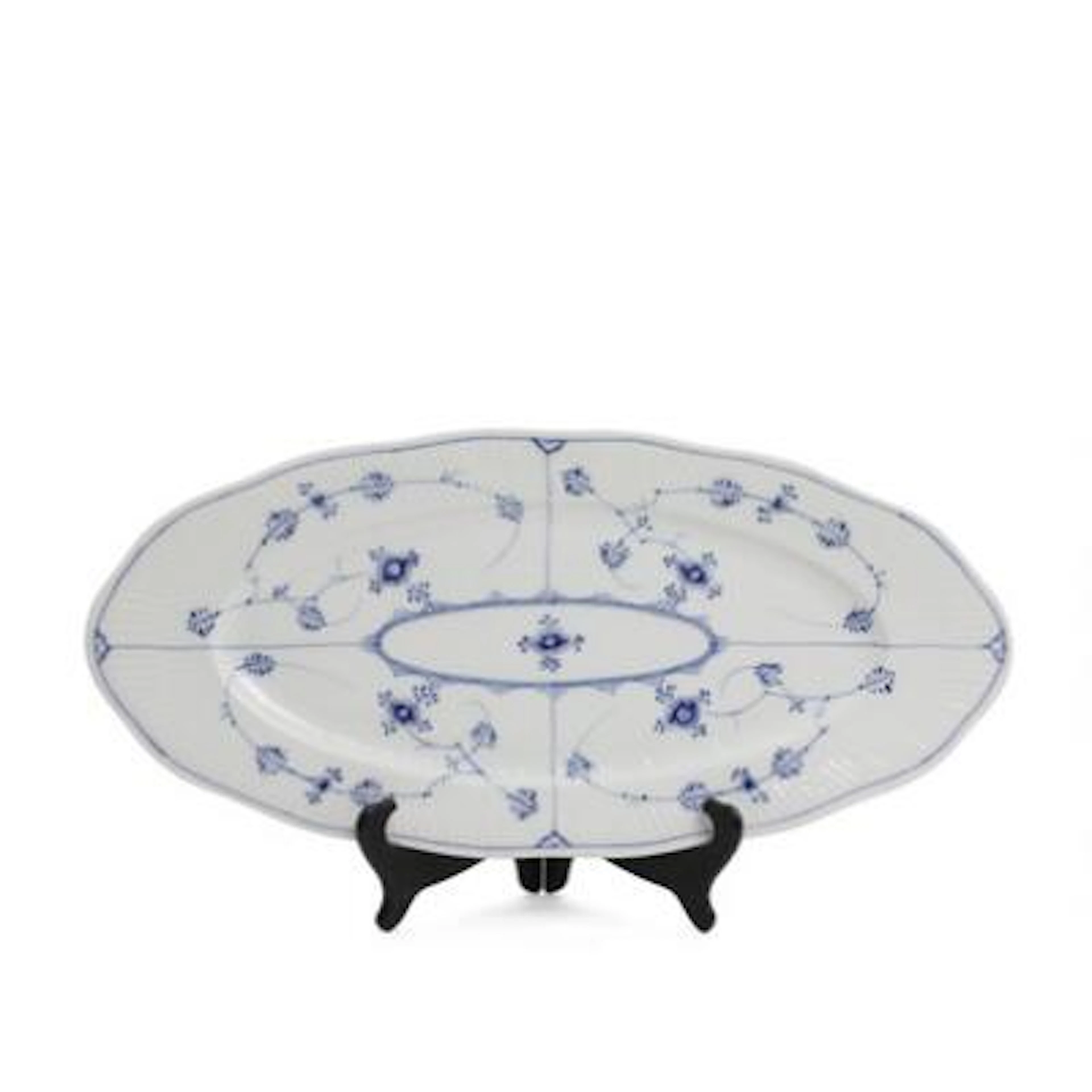 "Blue Fluted Plain". A porcelain fish platter, decorated in underglaze