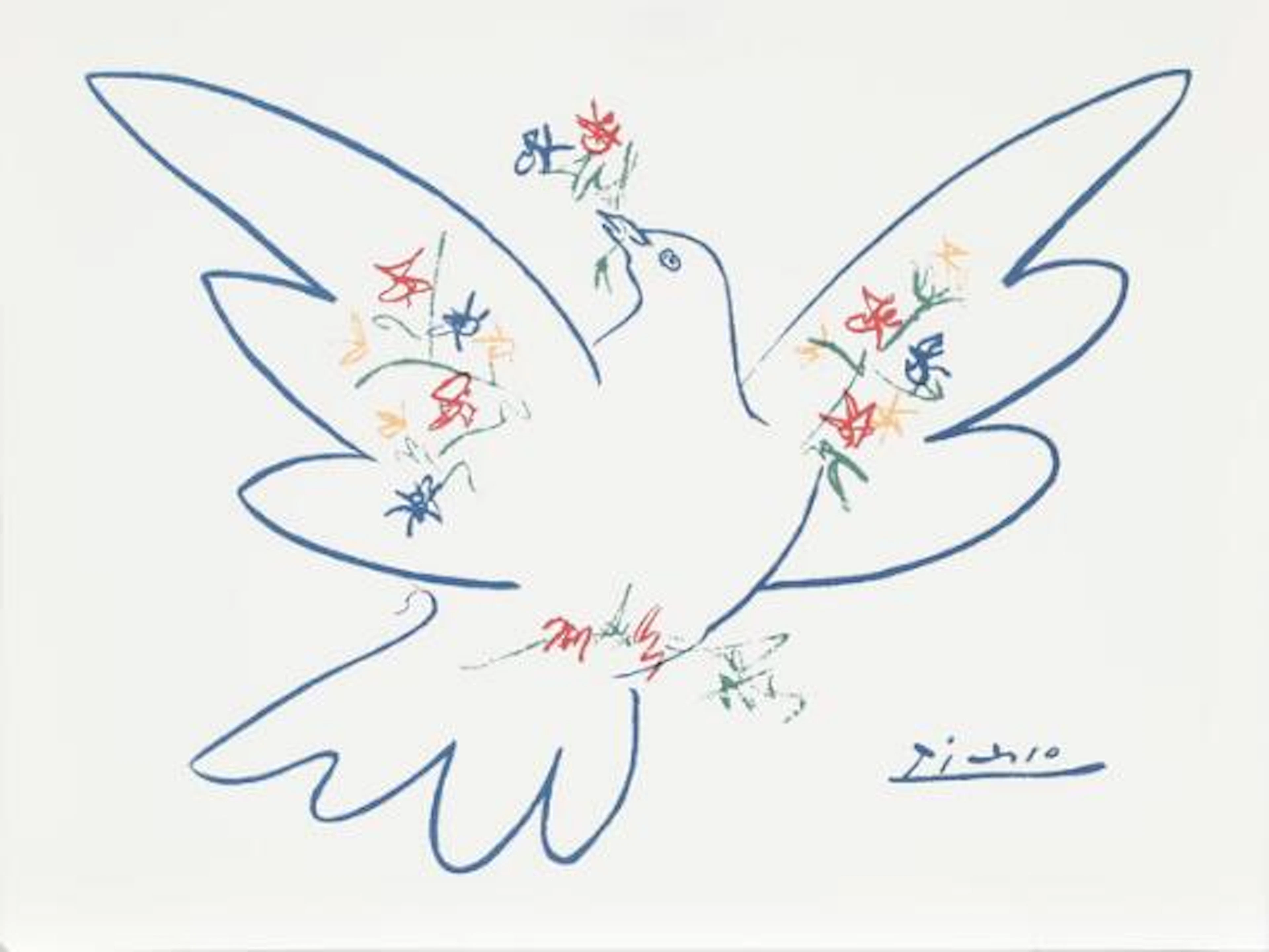 Pablo Picasso: “Colombe aux rameaux de fleurs”. Lithograph in colours.