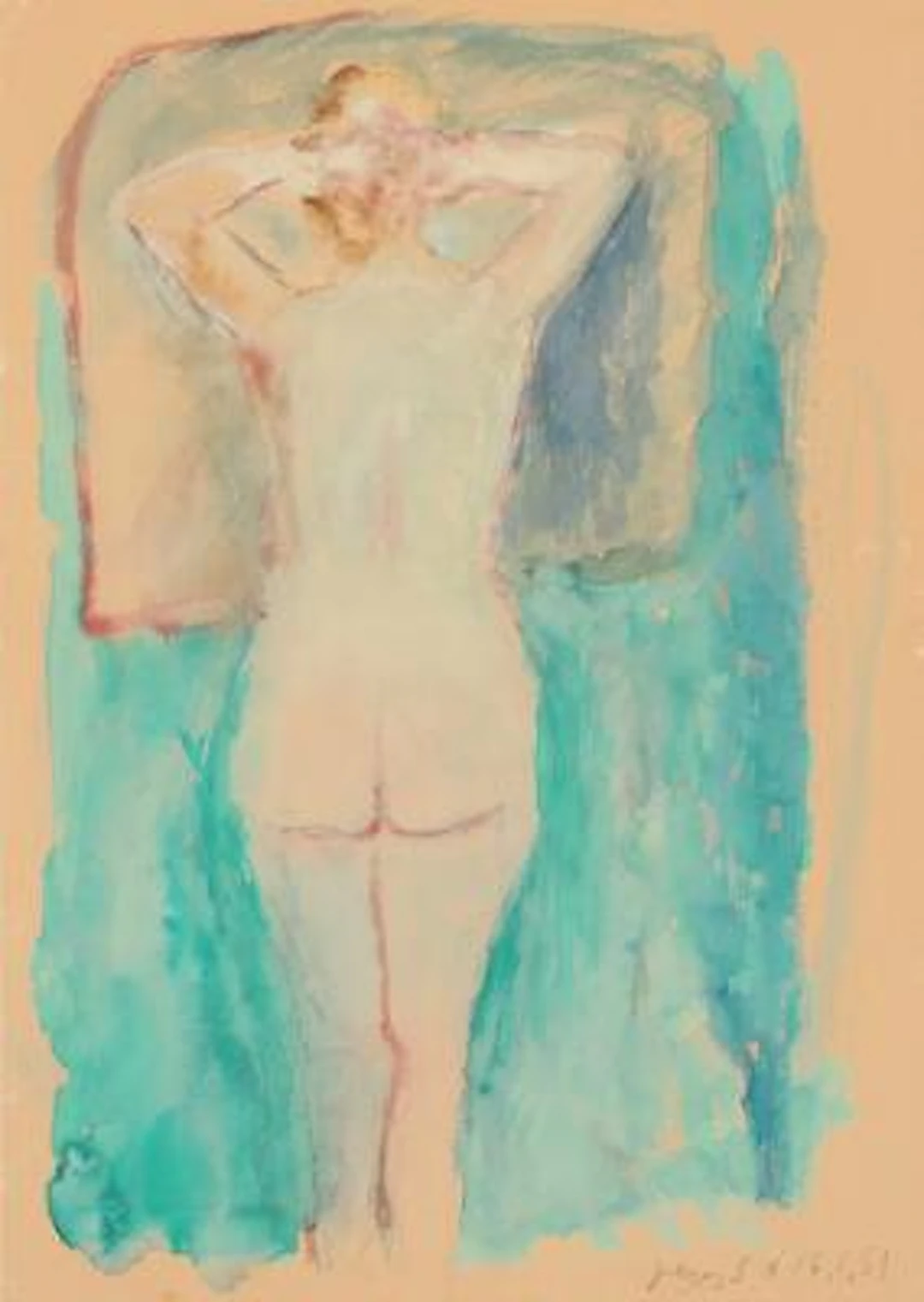 Jens Søndergaard: Study of a woman seen from behind. Pencil and watercolour