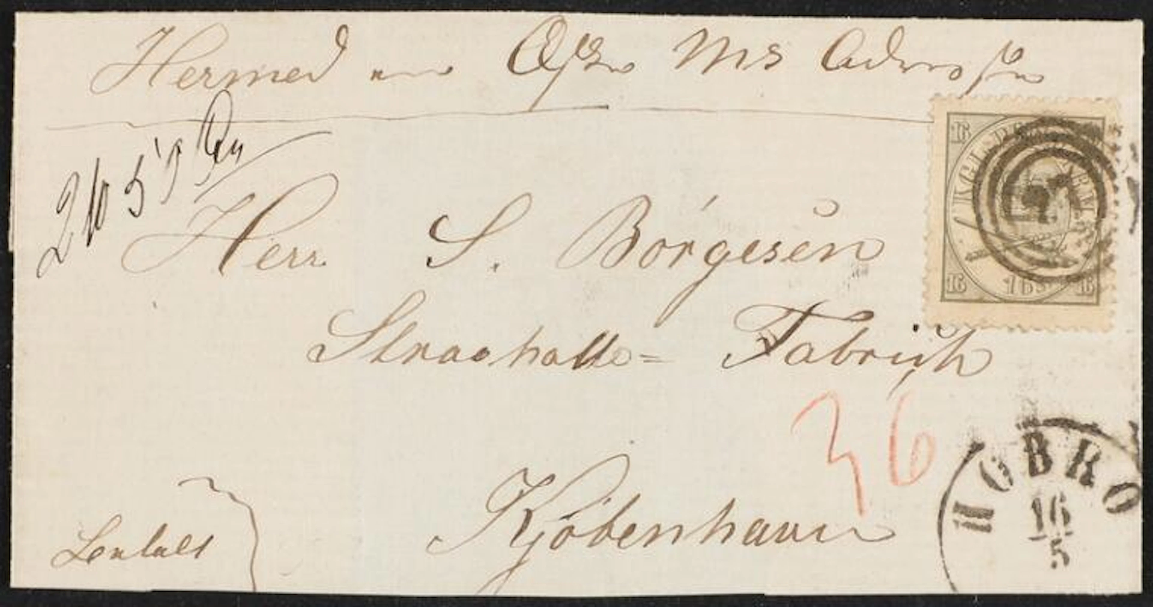 1864. 16 sk. 2.print. Single on parcel letter from Hobro to København.
