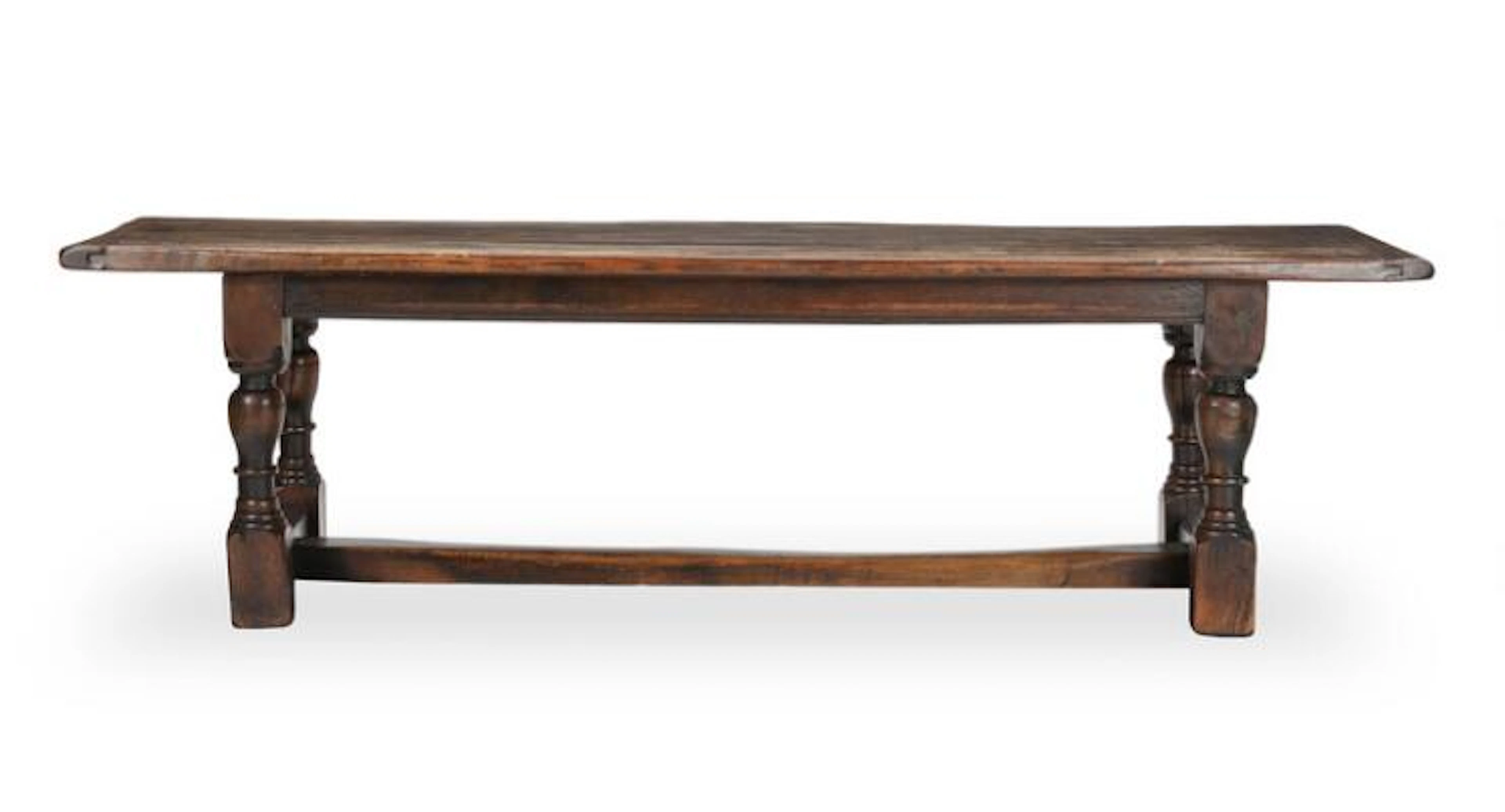 French solid dark stained oak refectory table. Baroque form. 20th