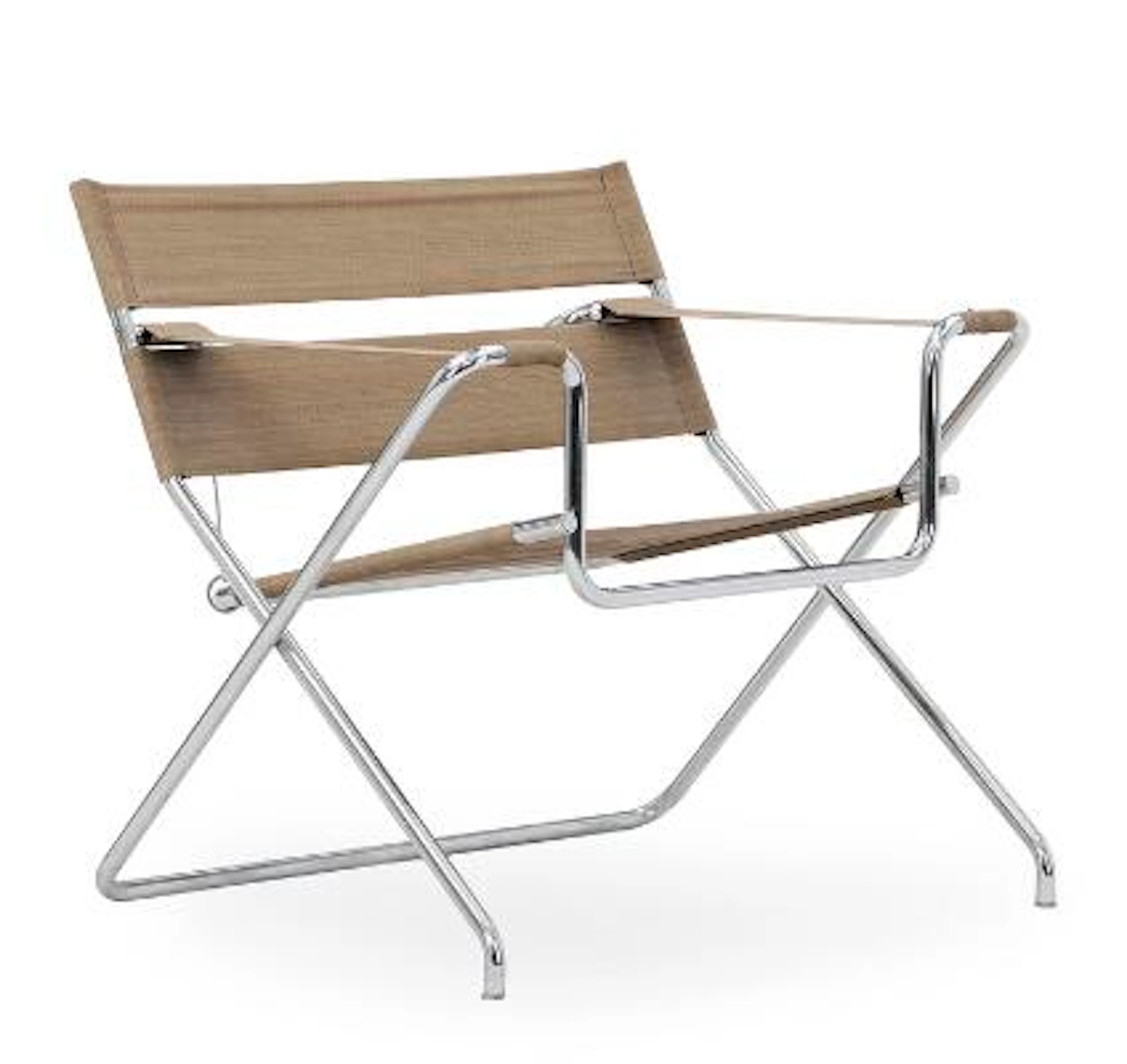 Marcel Breuer: Foldable steel easy chair. Upholstered with light fabric.
