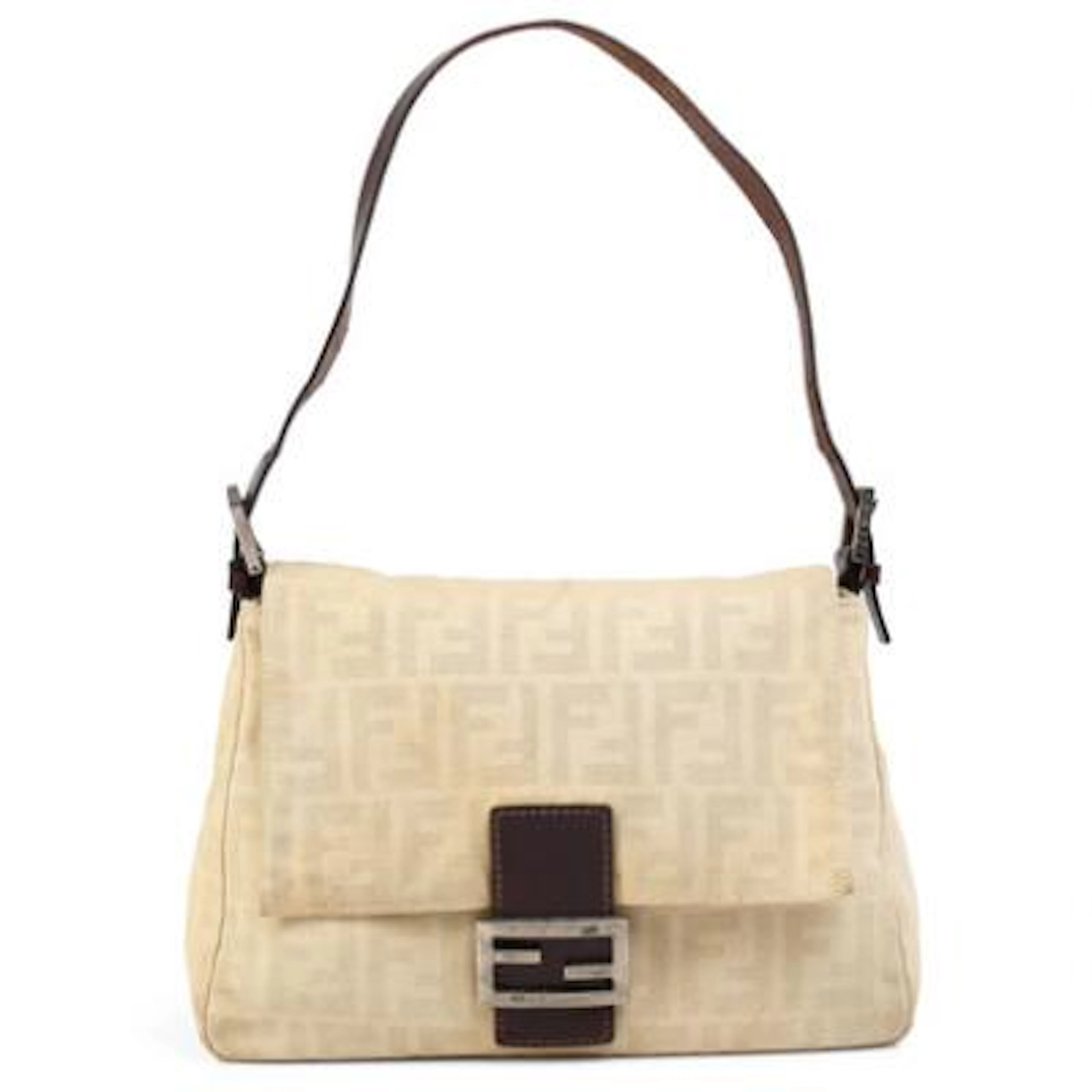 Fendi: A "Mama Baguette" bag of beige monogram canvas with dark brown
