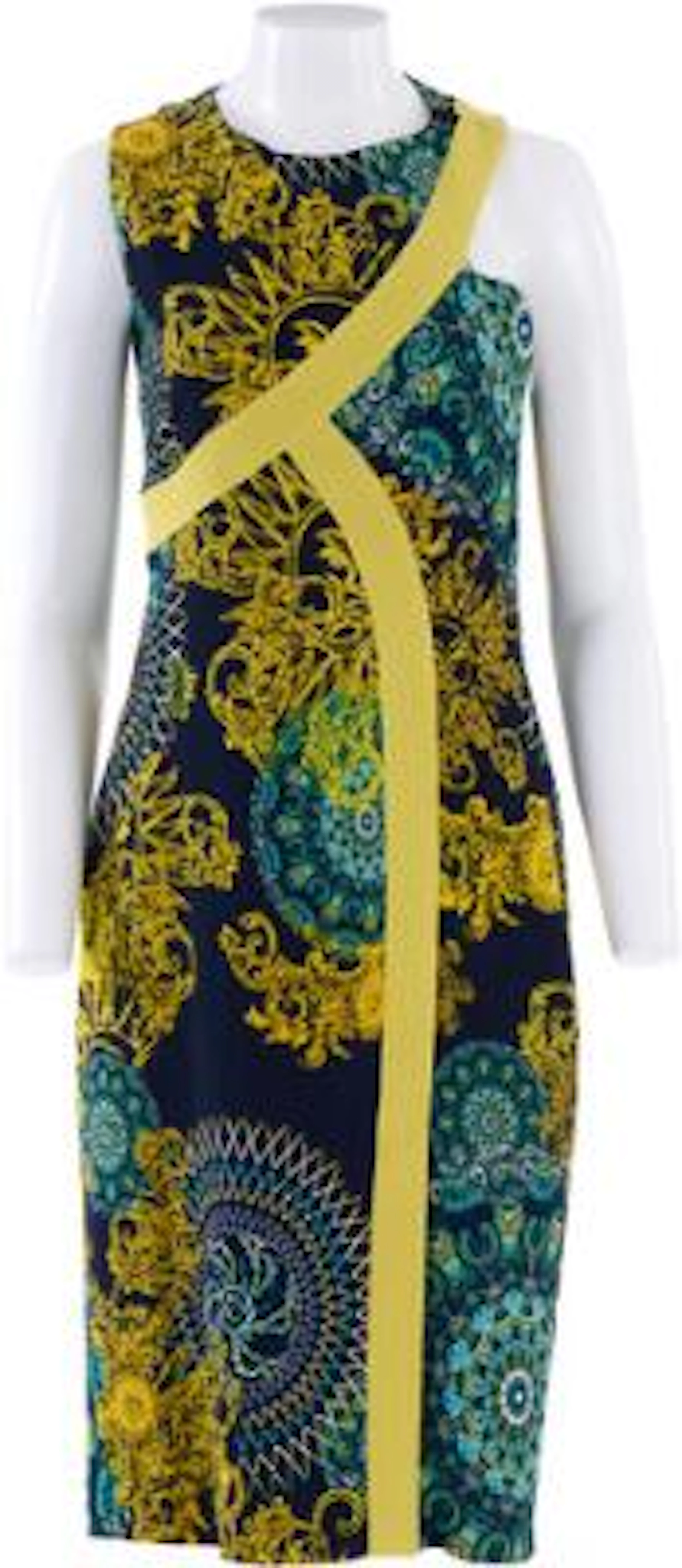 Versace: A dress with yellow, green and blue motif, a press button