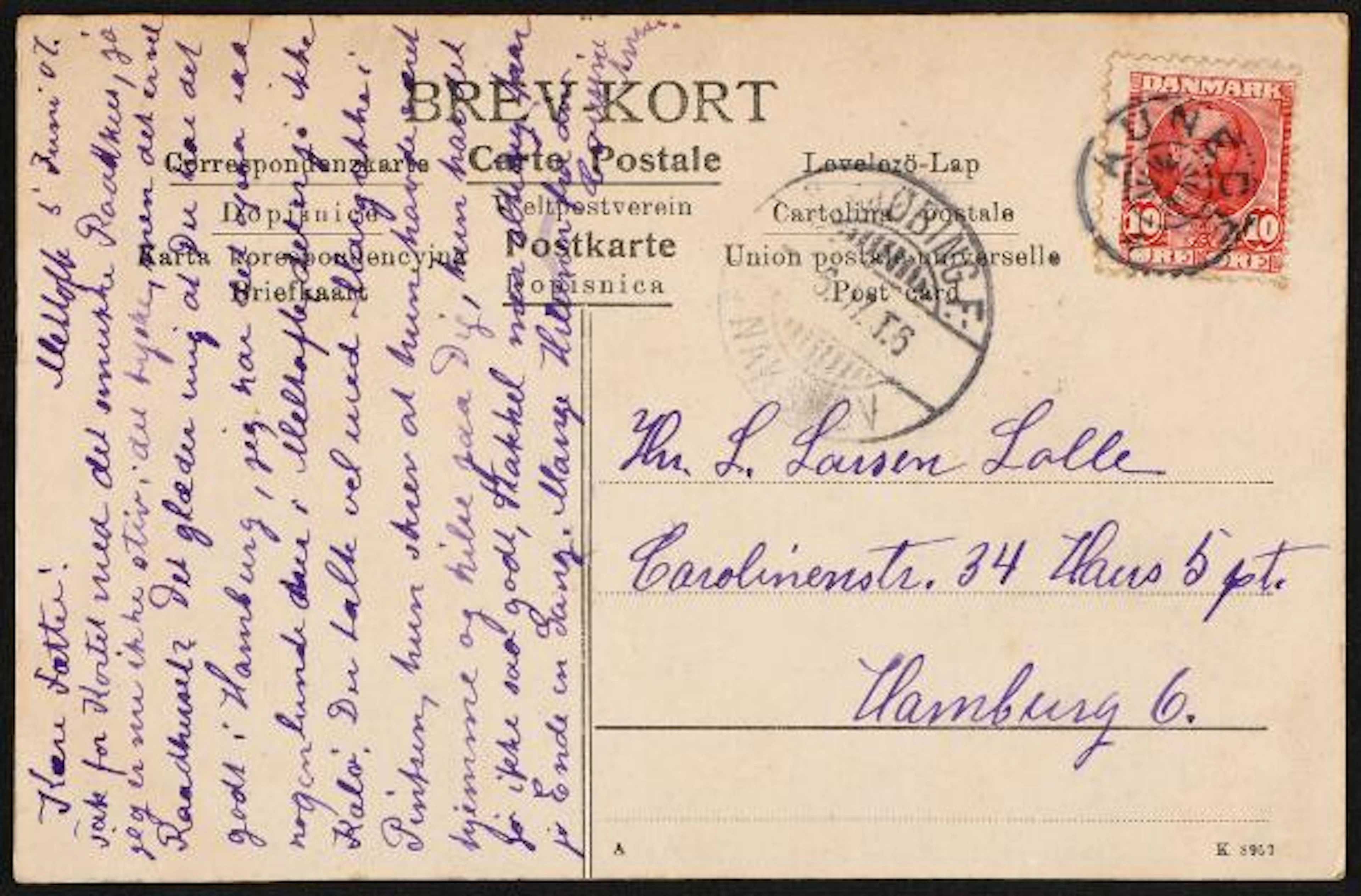 AUNEDE. 1907. Frederik VIII. 10 Øre. red. Postcard with star canc.