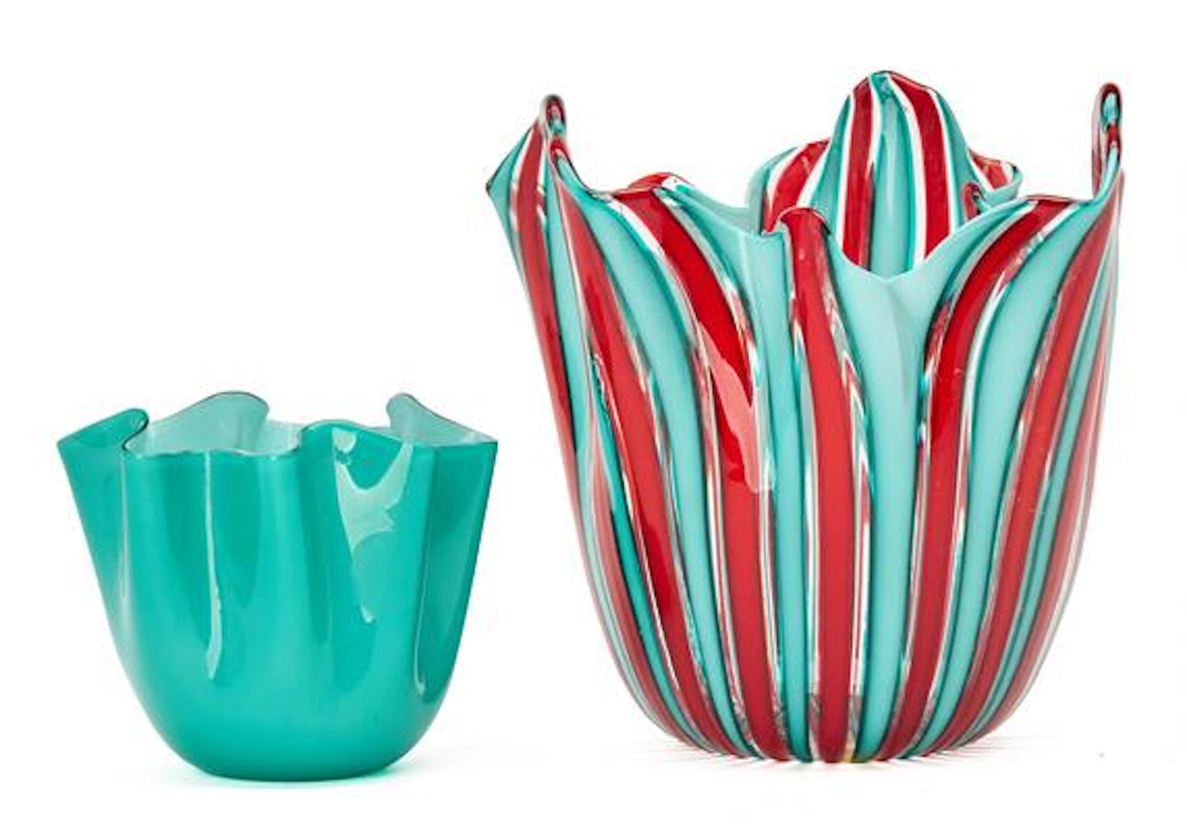 Venini: "Fazzoletto". Two vases of resp. turquoise, red and clear