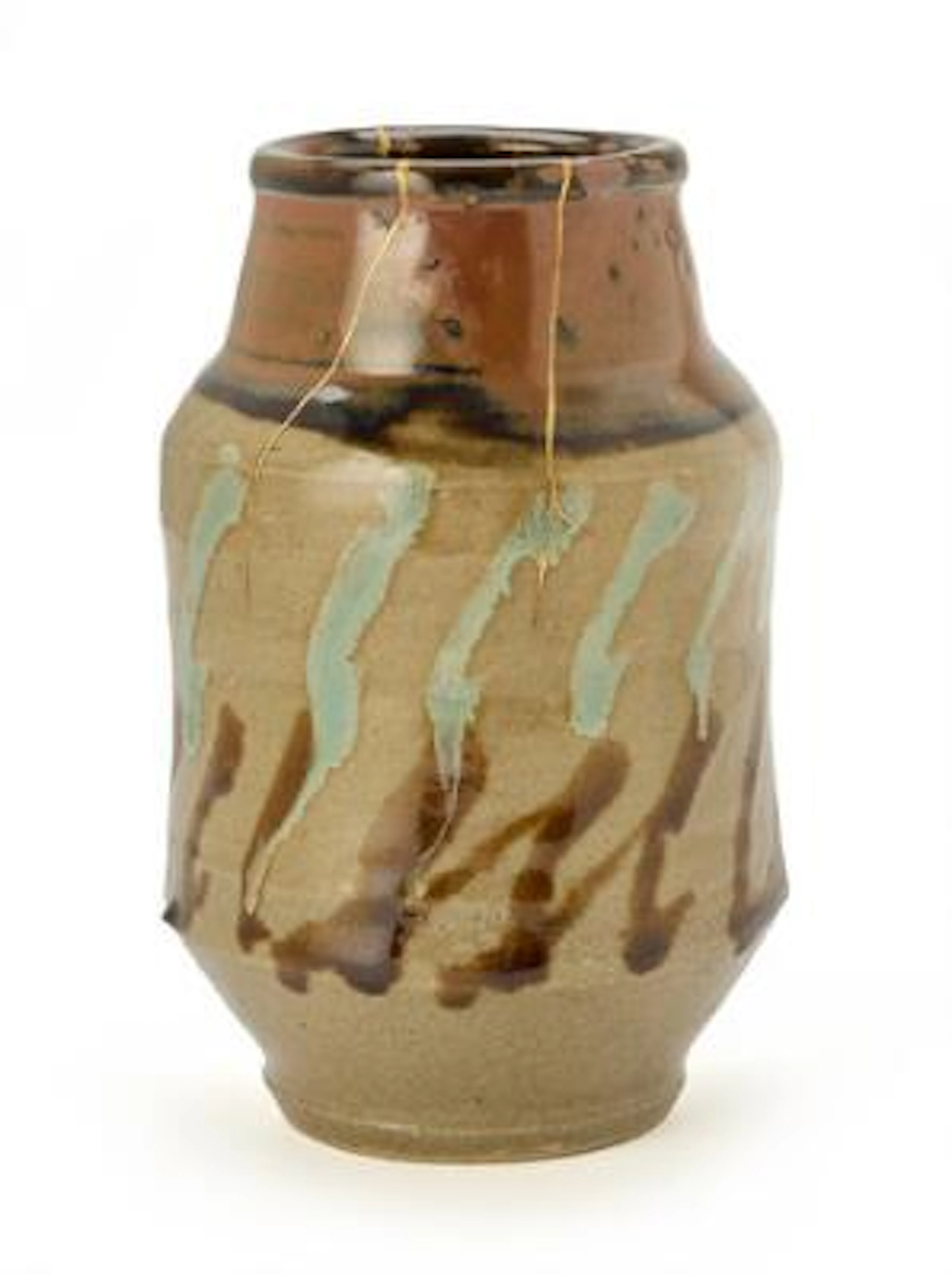 Shoji Hamada: A stoneware vase decorated with turquoise greeen, reddish