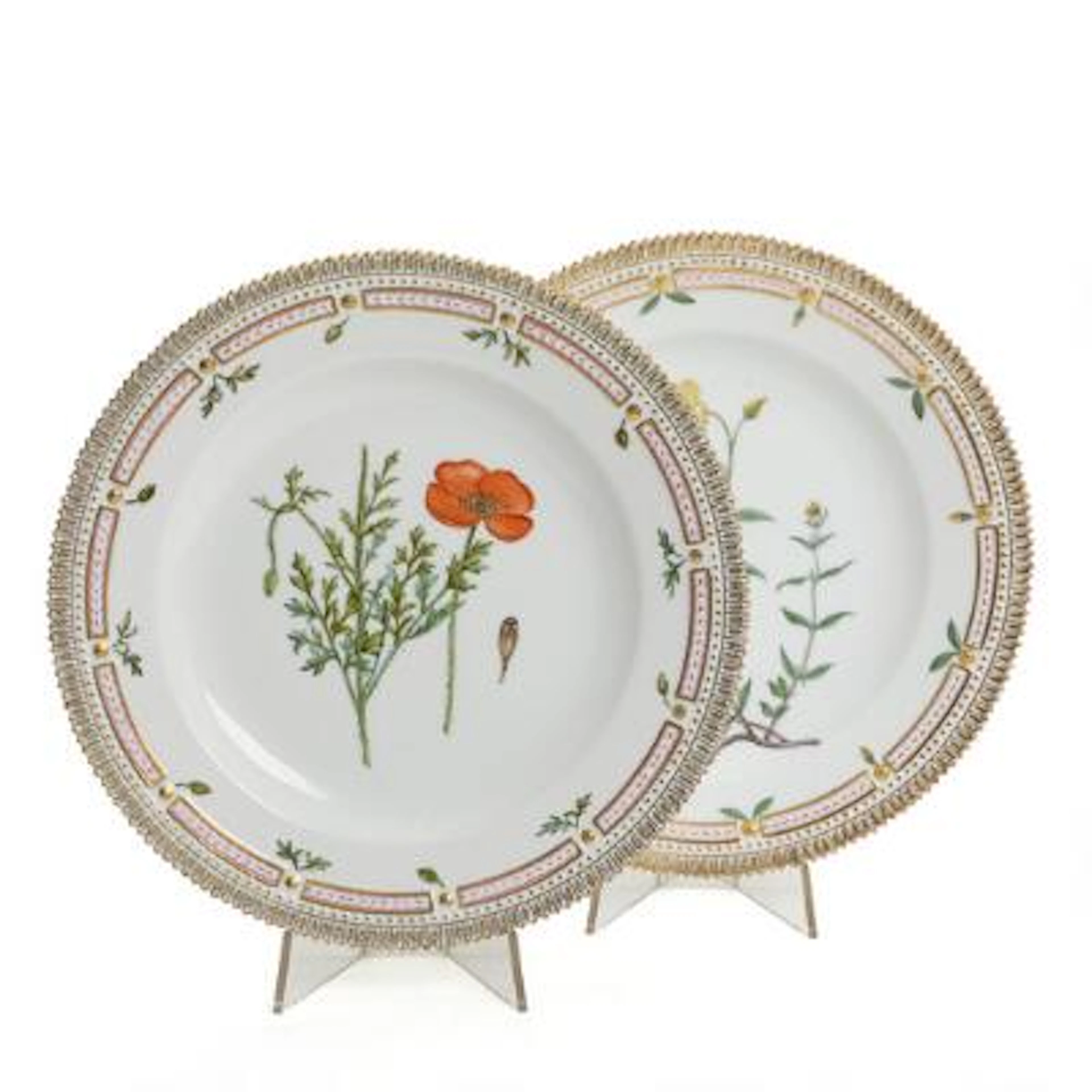 "Flora Danica". Two dinner plates in porcelain, decorated in colours