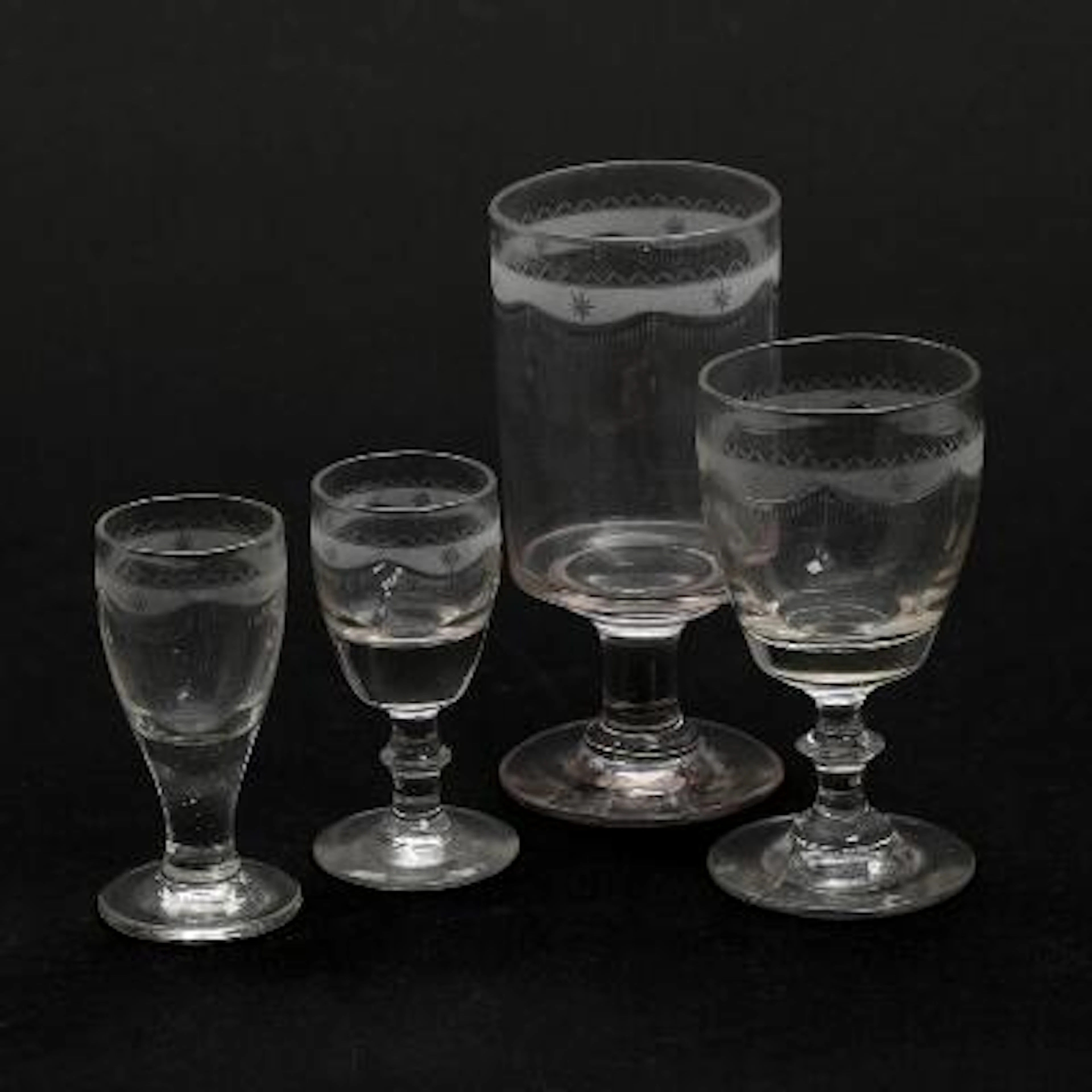A selection glasses with Louis XVI style decor. Of various form. 19th-20th