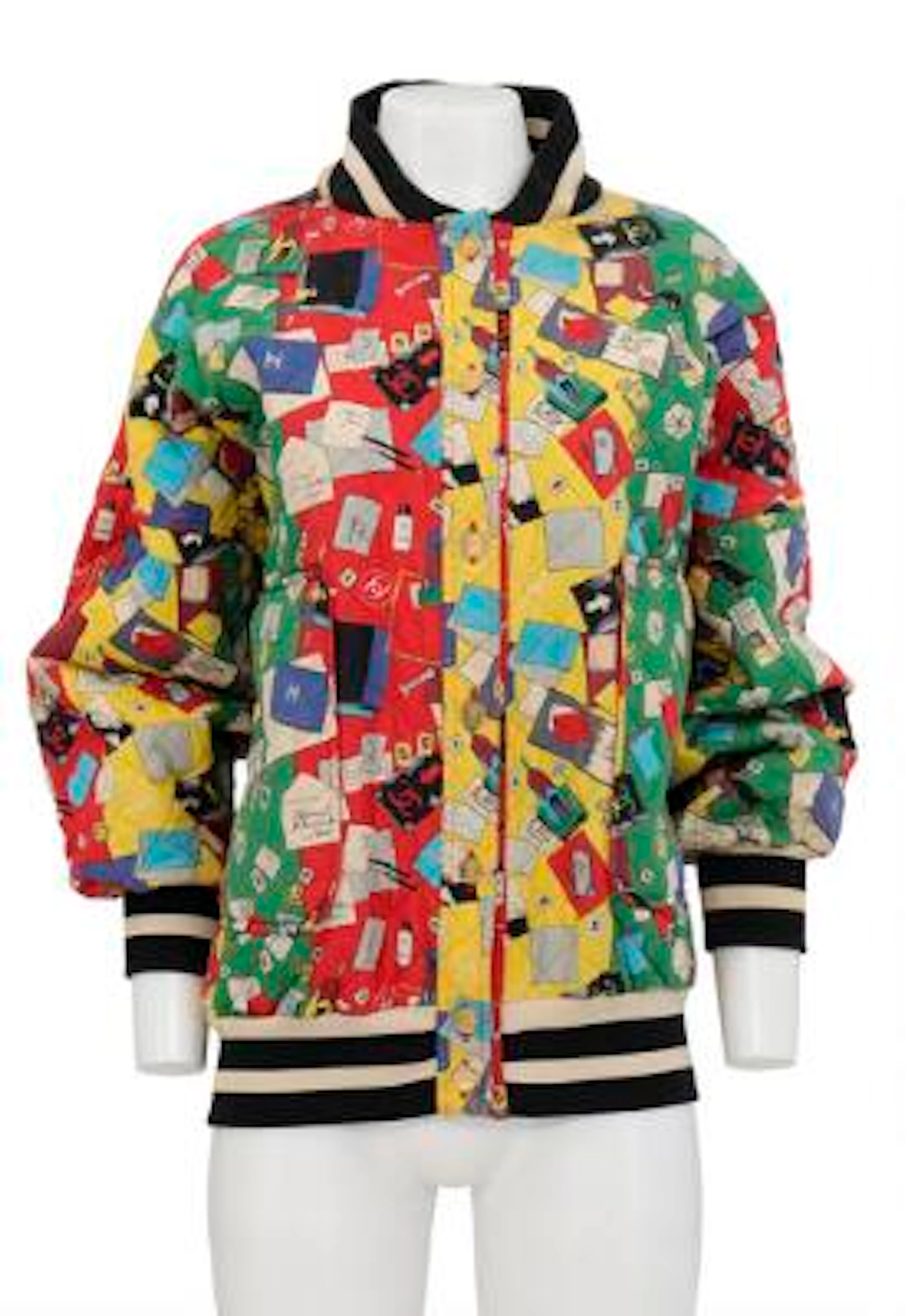 Chanel: A vintage quilted jacket with a multi colour print and gold