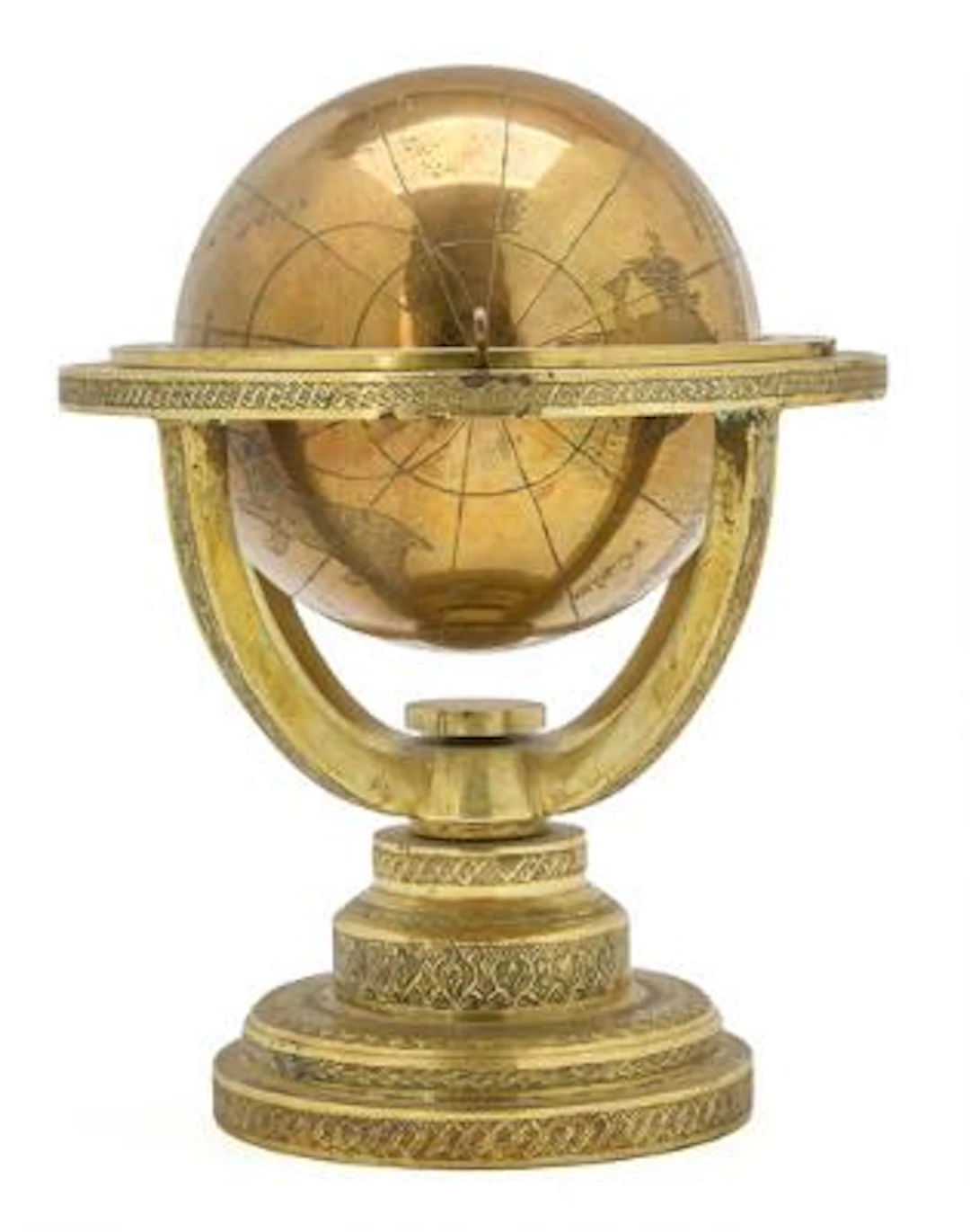 Islamic celestial globe of brass, engraved with markings, figures