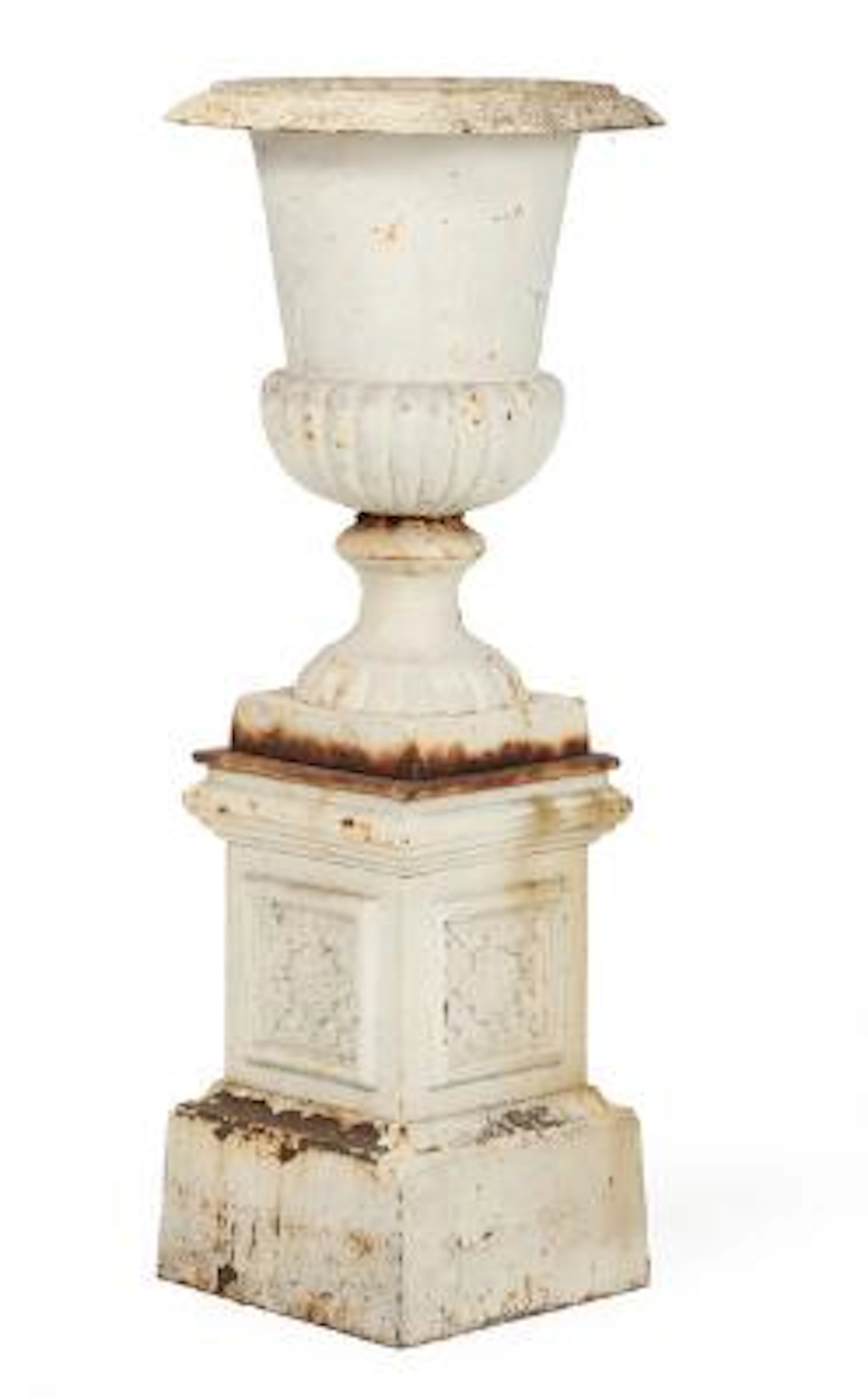 A 20th century French white-painted iron garden vase, cast decorated