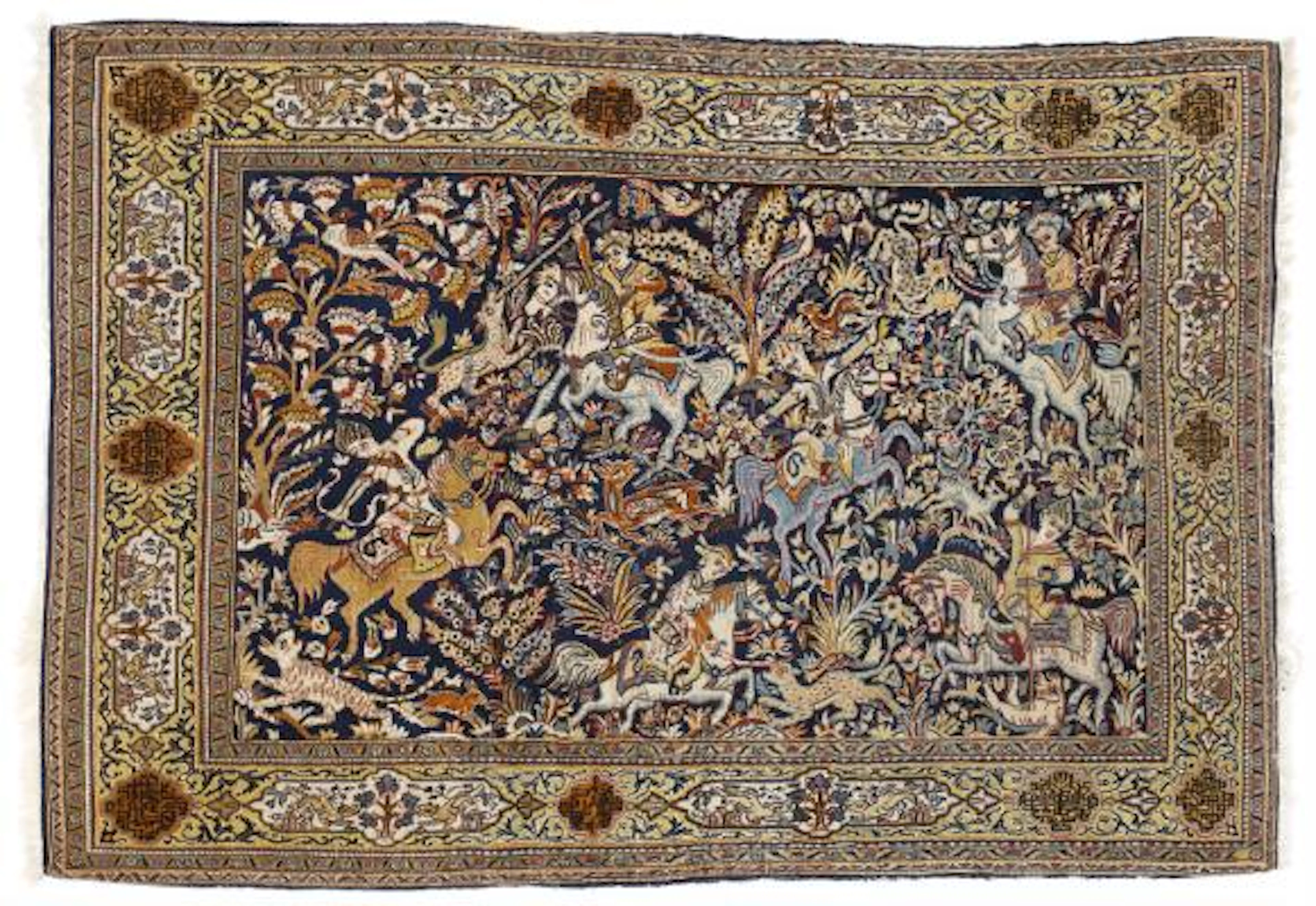 A Qum rug, Persia. Design with classical hunting scenery. Areas with
