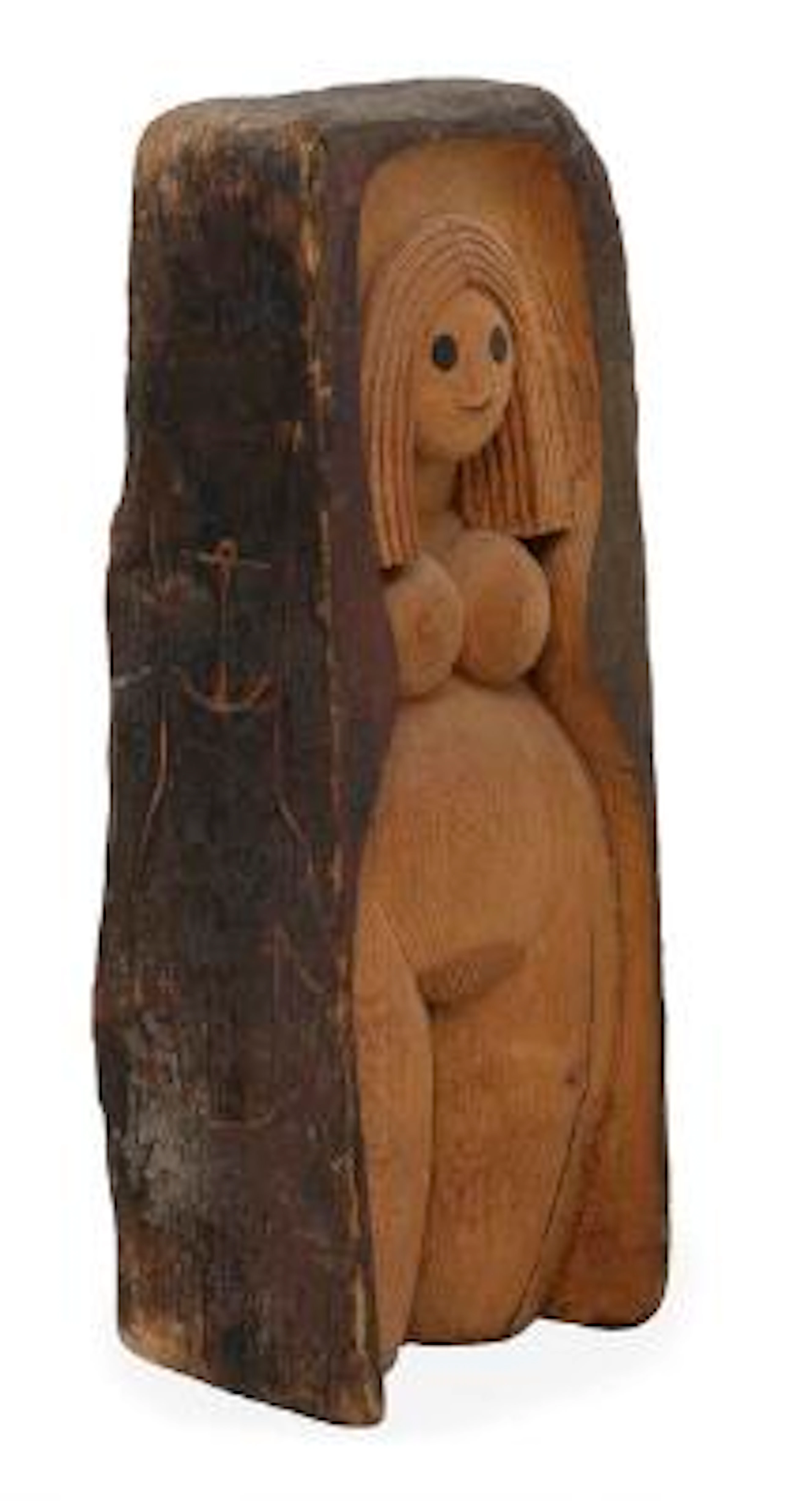 Jacob Hermann: Patinated wooden relief carved in shape of woman figure.