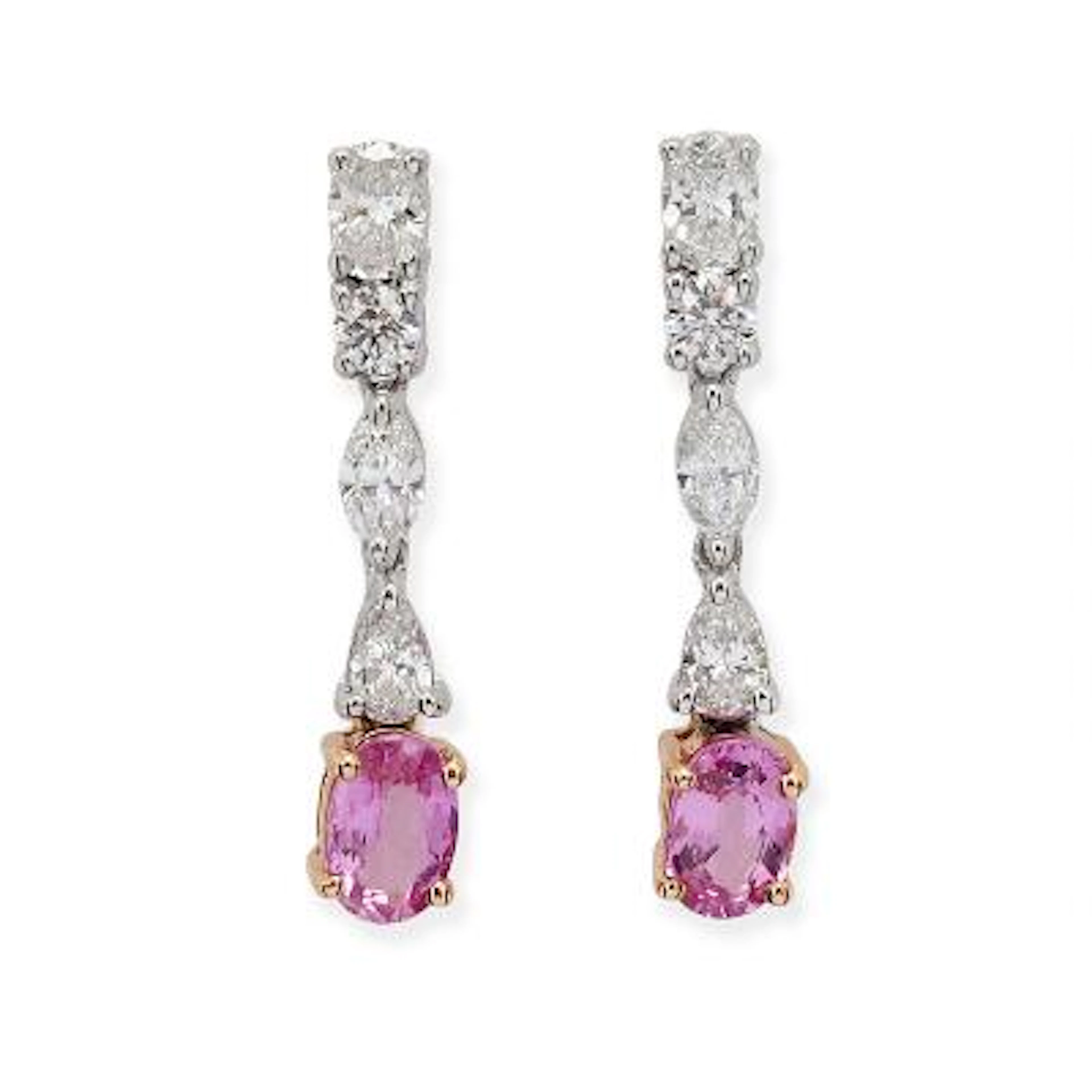A pair of sapphire and diamond ear pendants each set with pink sapphire