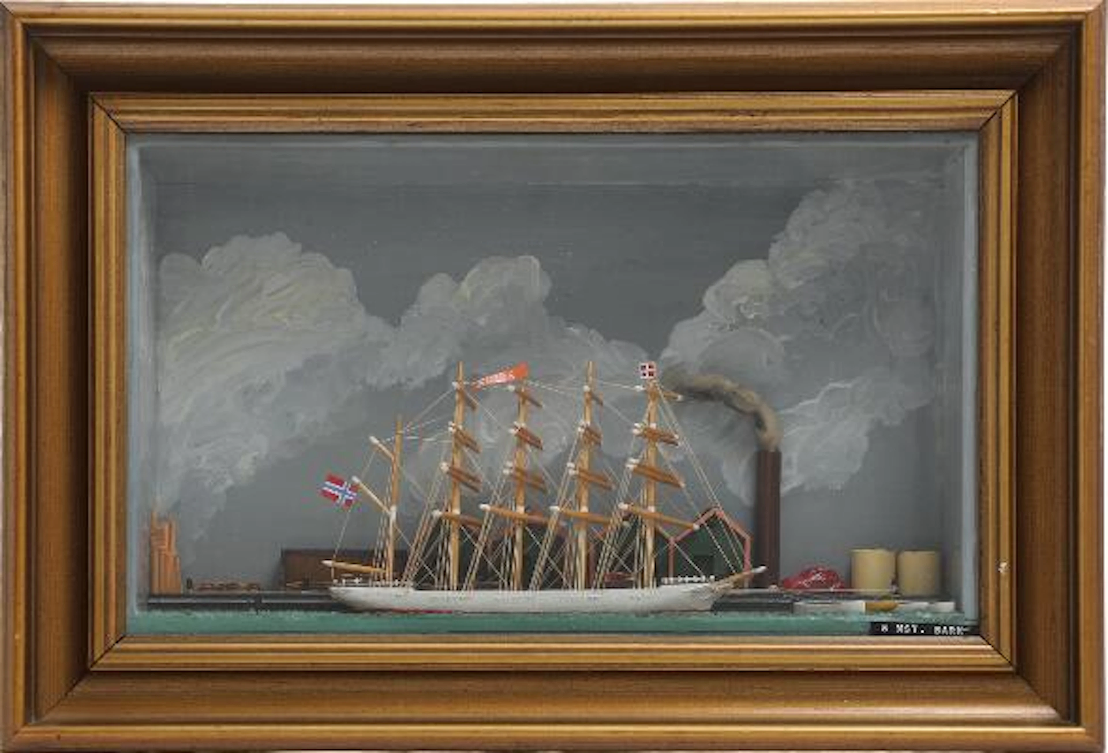A 20th century painted wood diorama with the Norwegian ship model