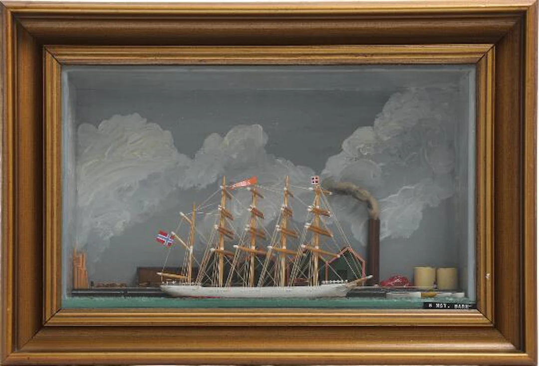 A 20th century painted wood diorama with the Norwegian ship model