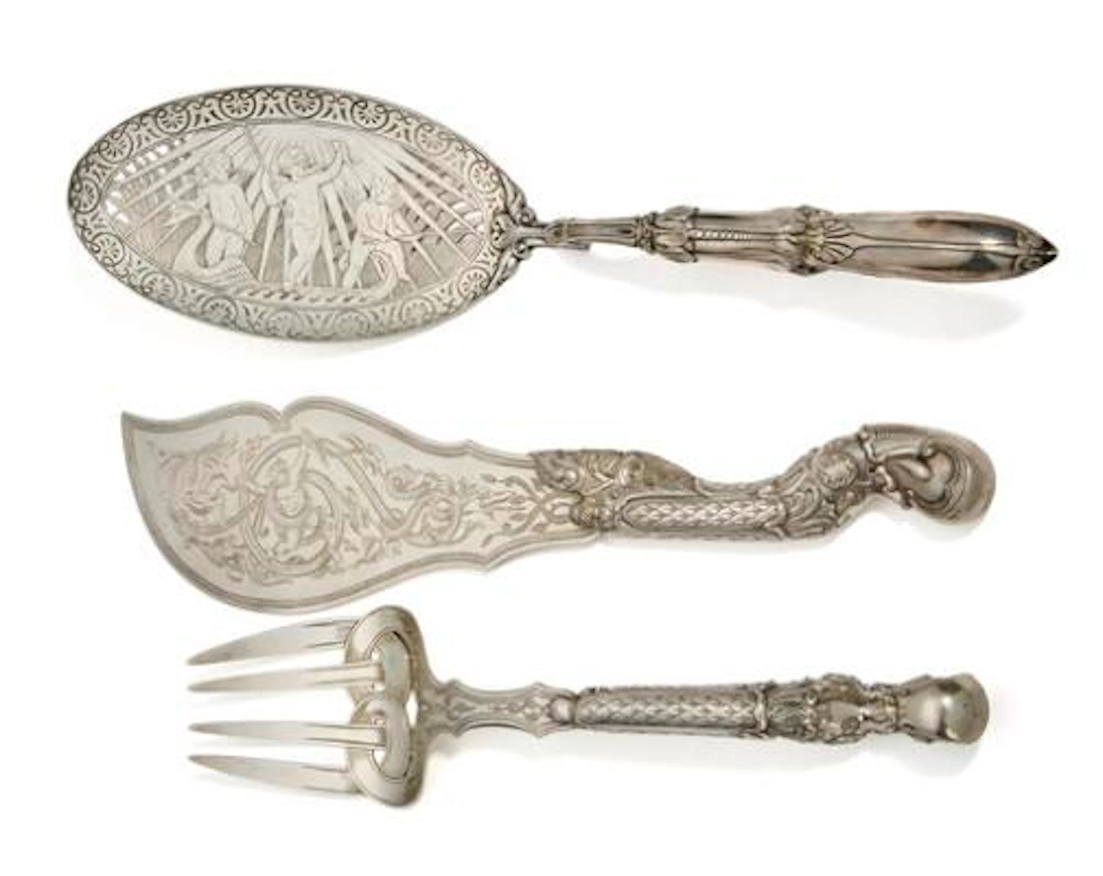 Three Danish historicist silver serving pieces. V. Christesen, Copenhagen