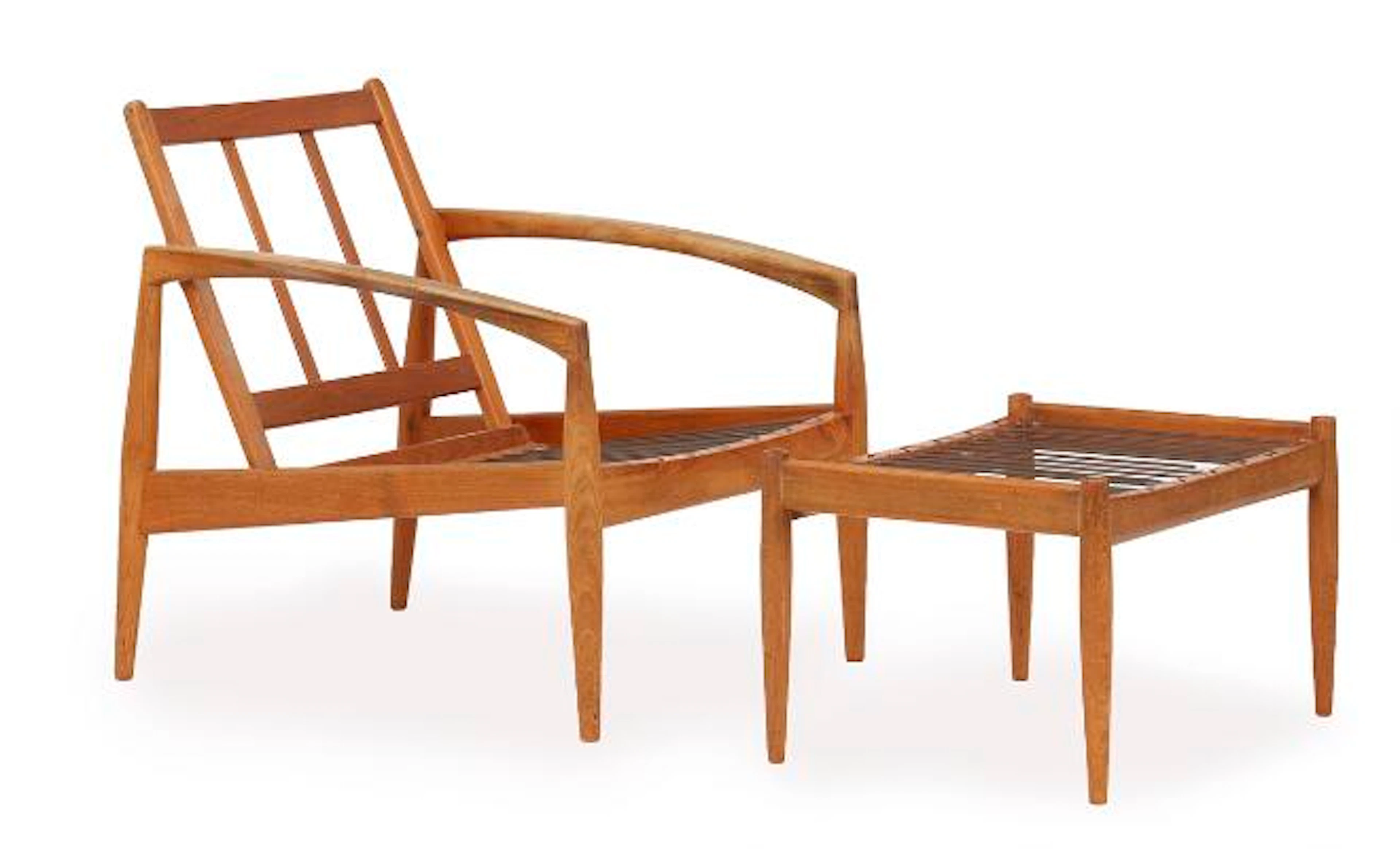 Kai Kristiansen: “Paper knife”. Teak easy chair with matching stool.