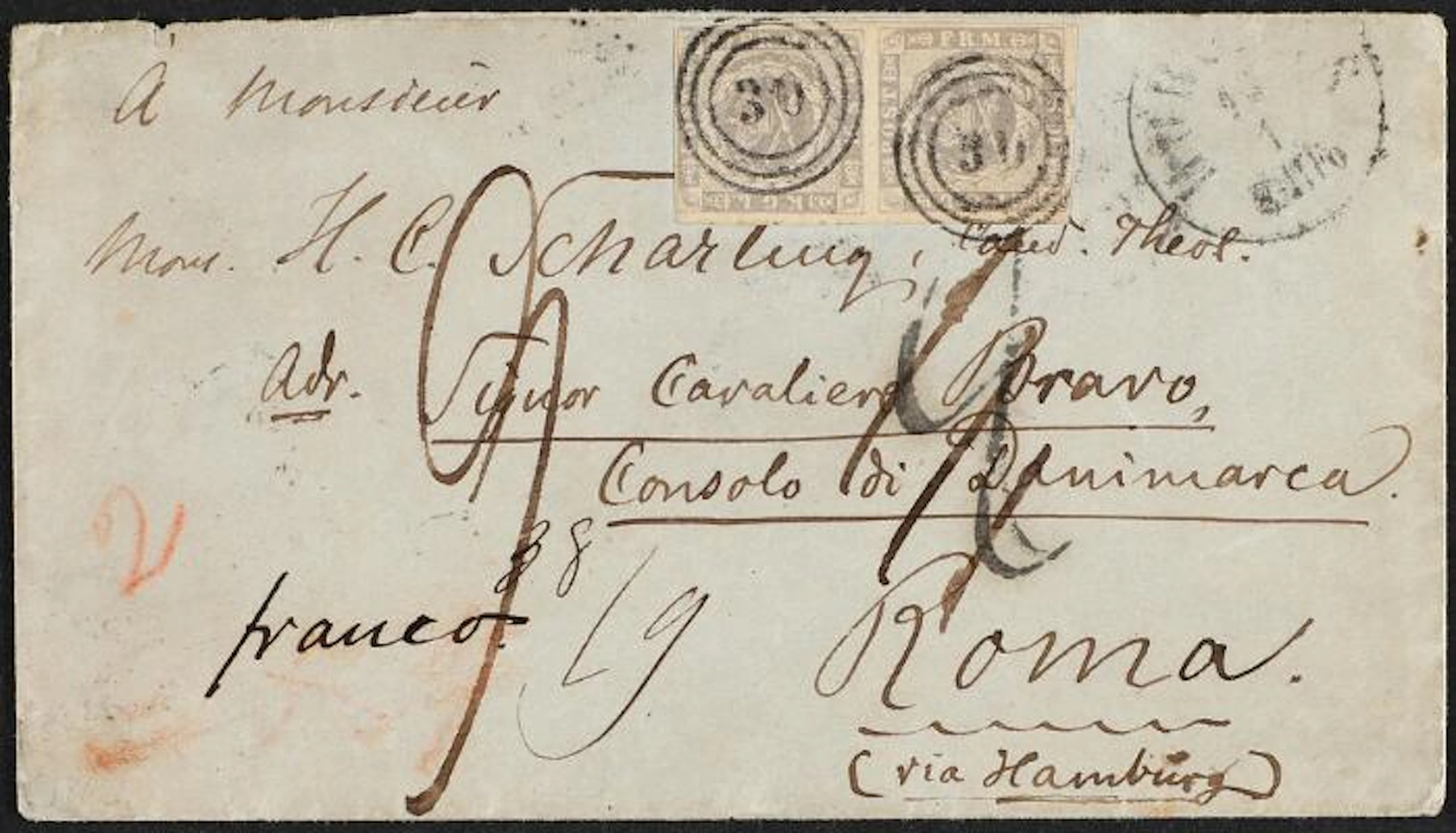 1854. 16 sk. greypurple. Pair on cover from Horsens to Rome 10.1.1862.