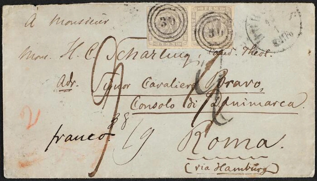 1854. 16 sk. greypurple. Pair on cover from Horsens to Rome 10.1.1862.