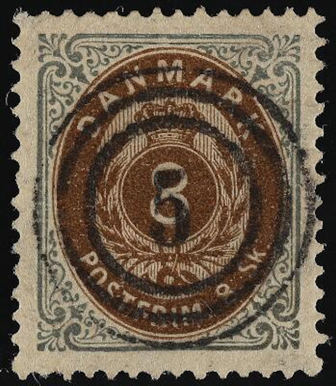 1870. 8 Skilling, grey/brown. 1st print. Wonderful stamp with upright