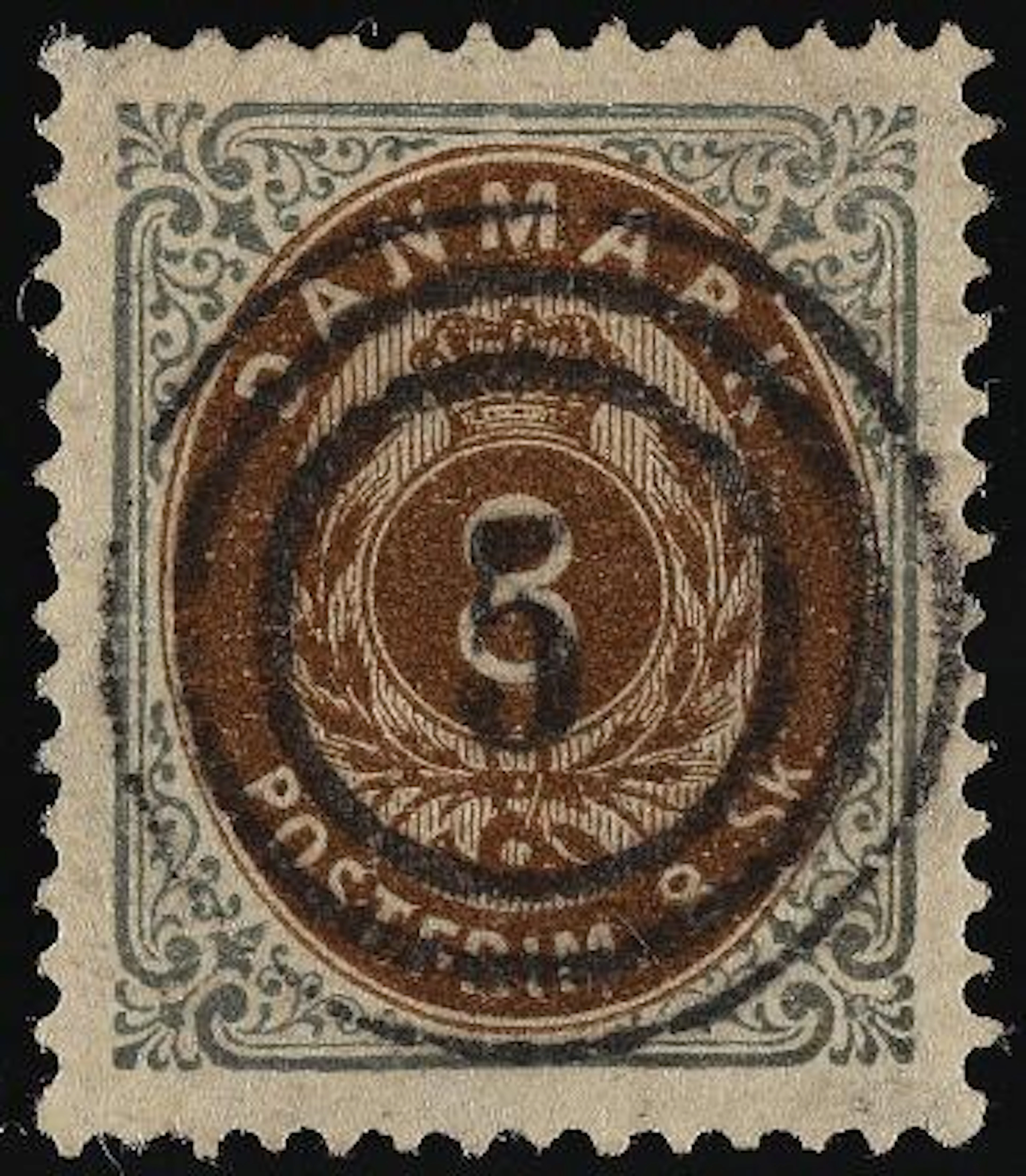 1870. 8 Skilling, grey/brown. 1st print. Wonderful stamp with upright