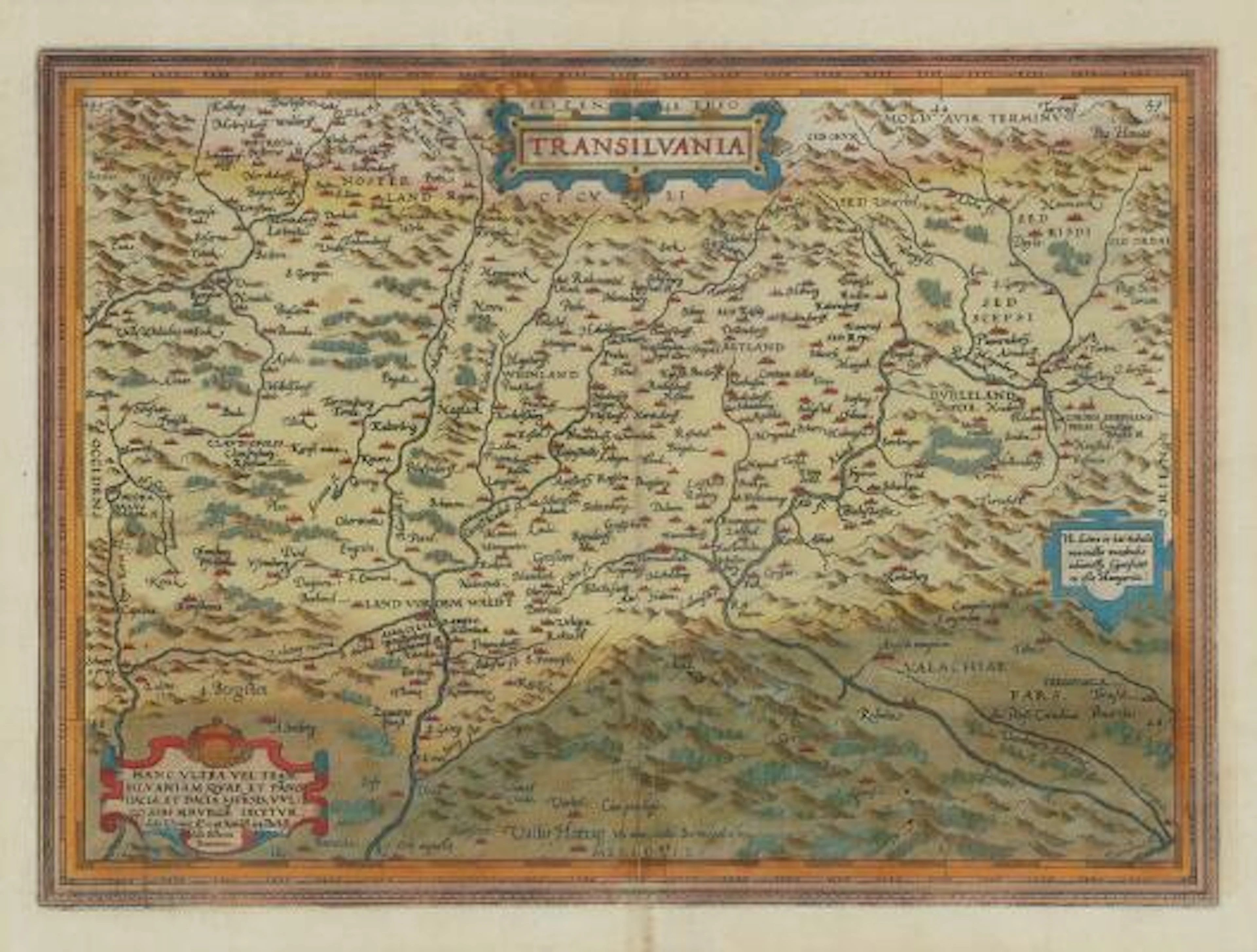 Abraham Ortelius: "Transilvania". C. 1584. Hand coloured engraving.