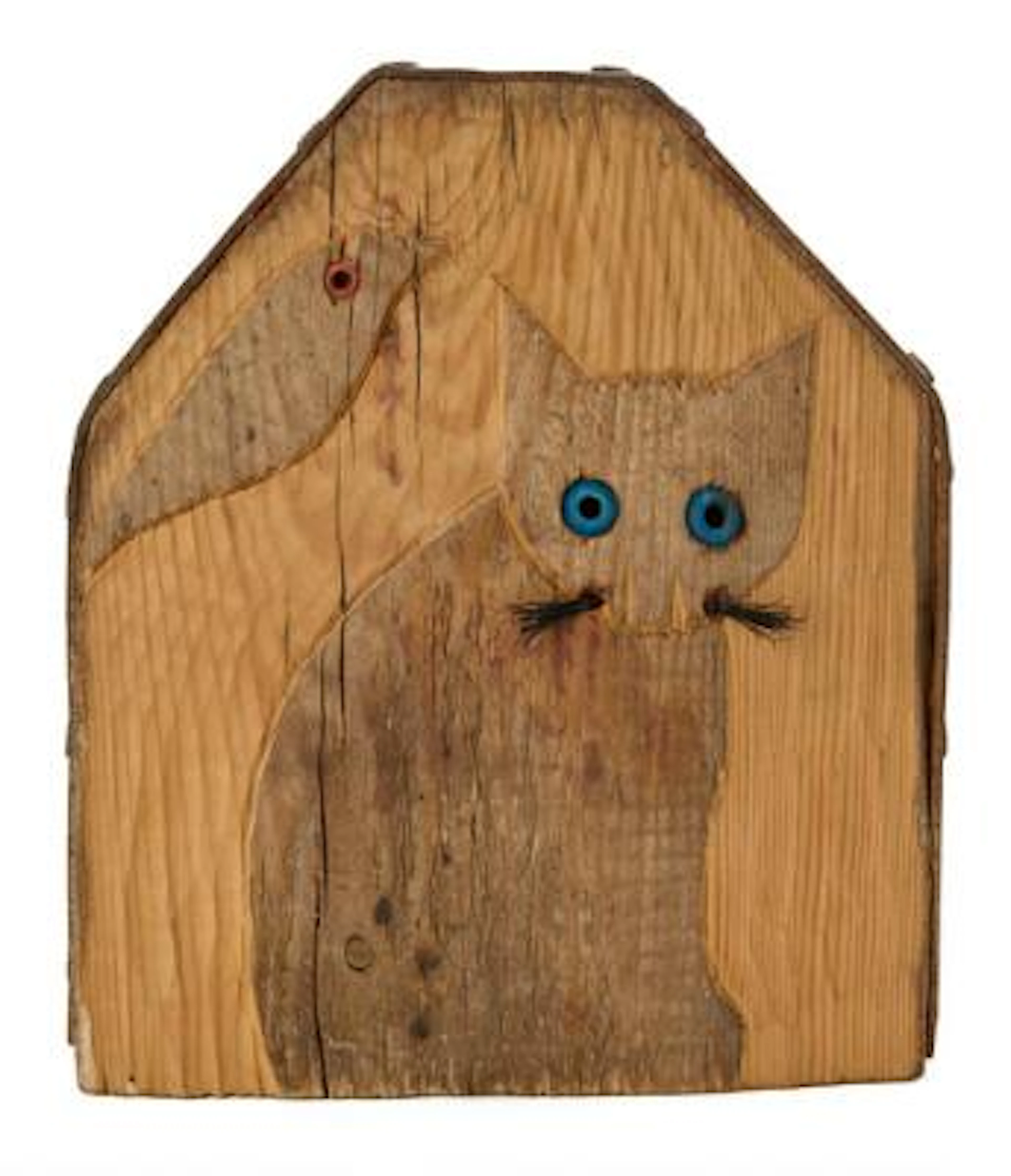 Jacob Hermann: Figure of patinated wood with carved cat and owl. Edge